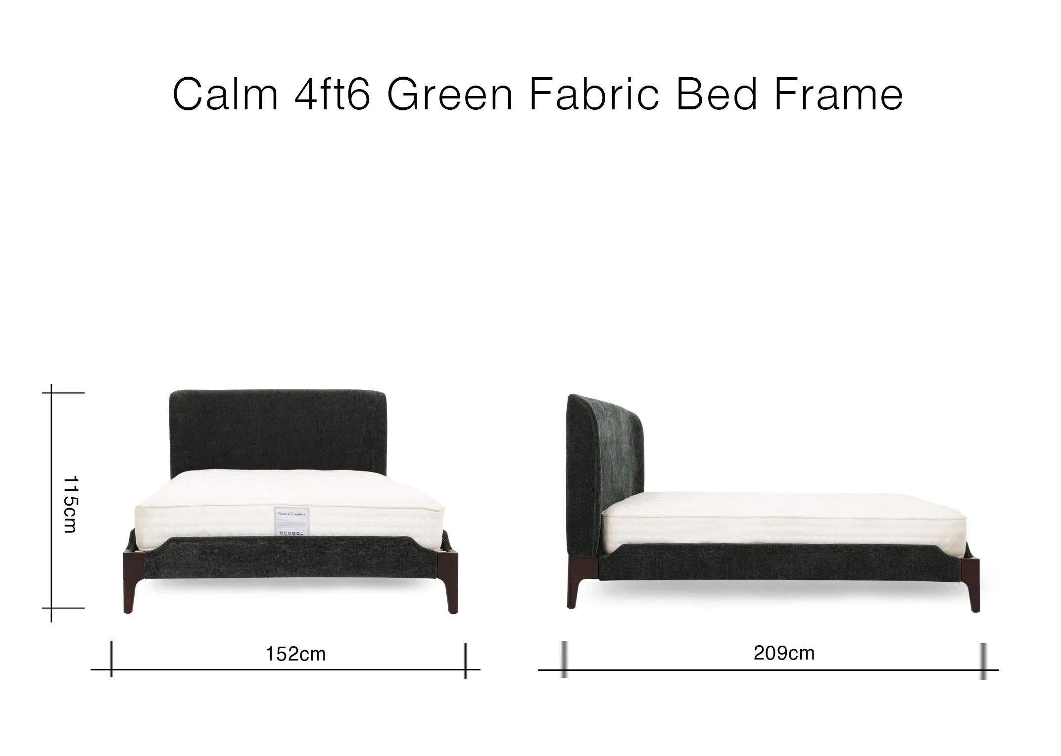 A dimension image of the Calm 4ft6 Green Bedframe with 152cm x 209cm x 115cm