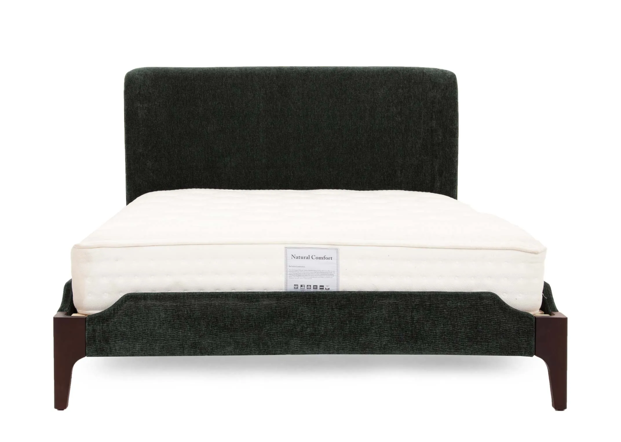 A double 4ft6 dark green fabric bedframe from EZ Livings Calm Range. Front view shows high headboard