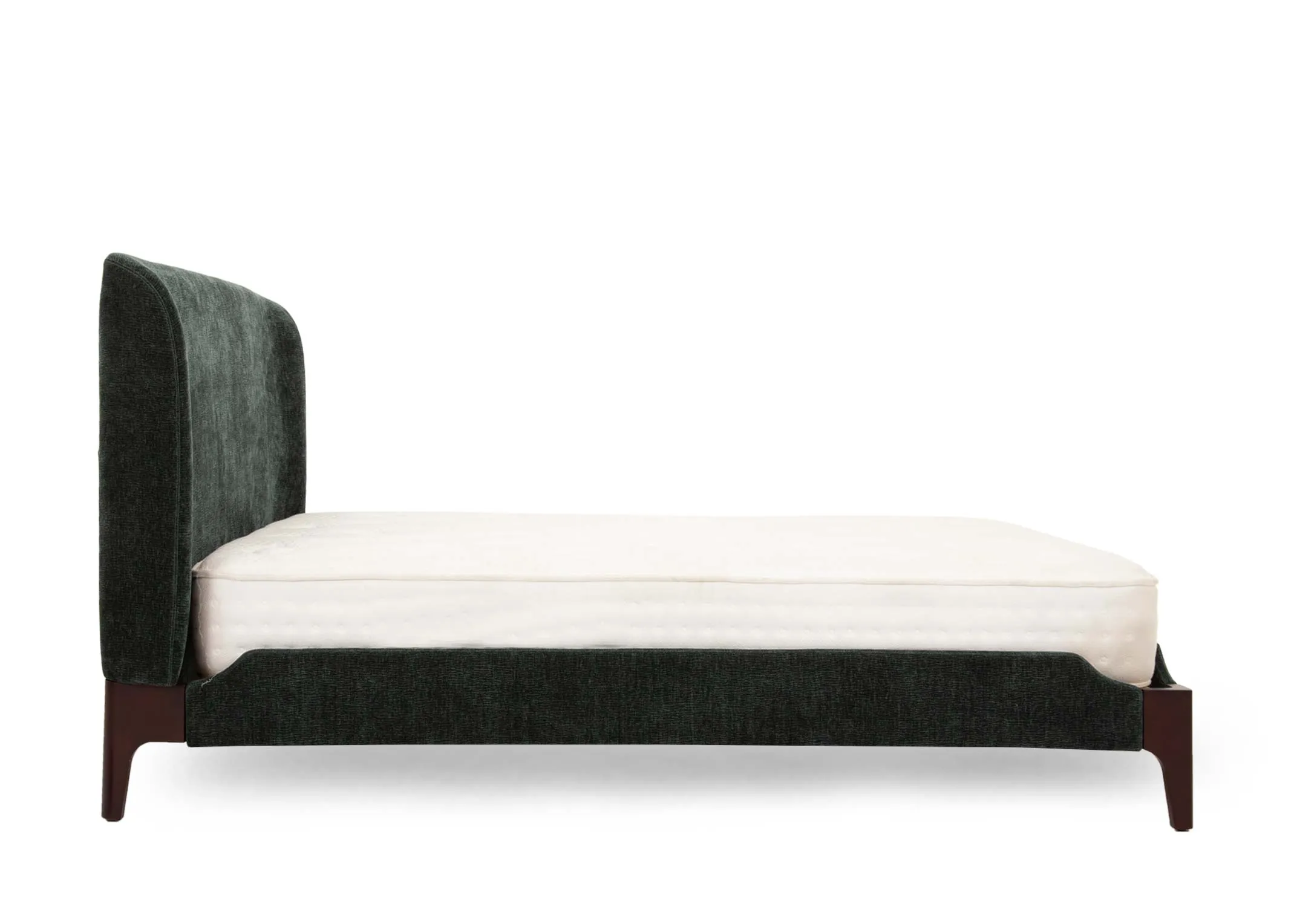 A double 4ft6 dark green fabric bedframe from EZ Livings Calm Range. Side view of walnut feet