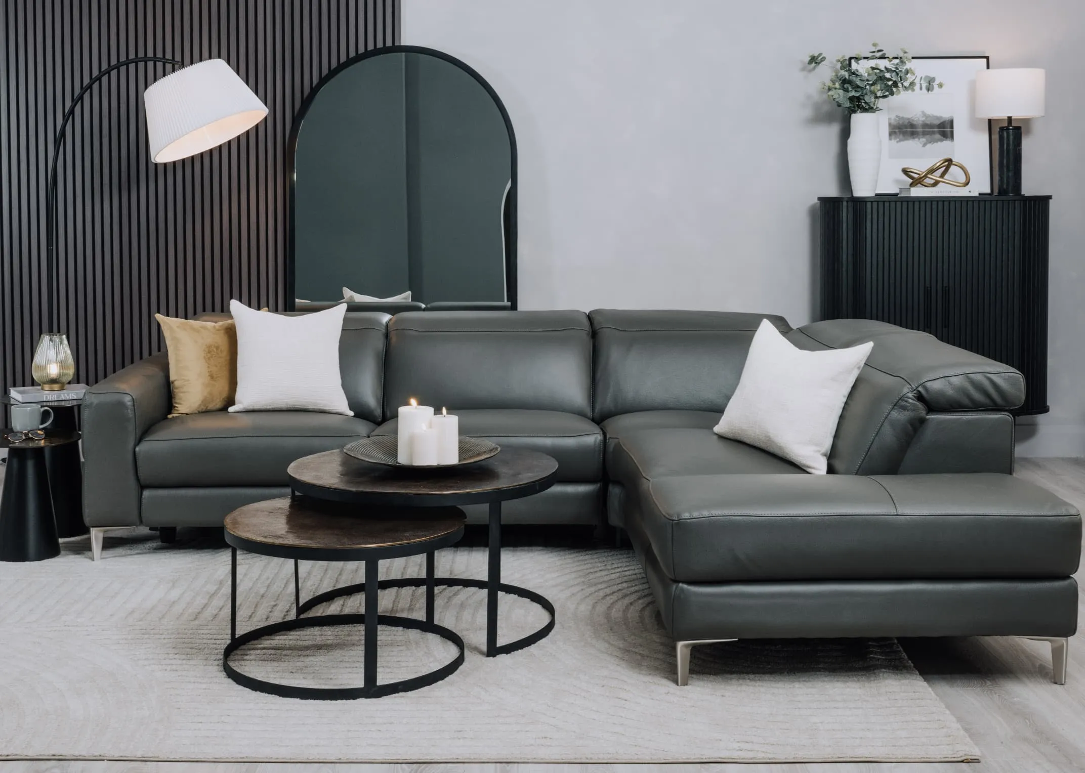 Grey Leather RHF Corner Chaise with Electric Recliner - Vancouver