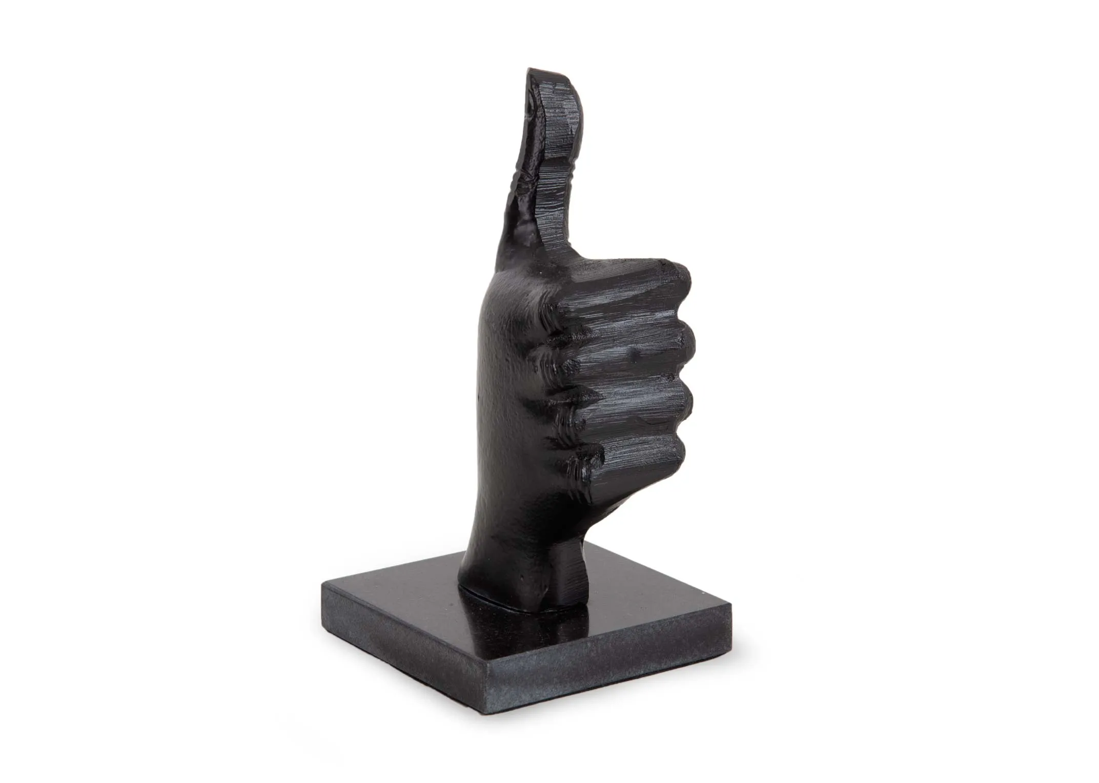 A black marble hand ornament in a thumbs up pose from EZ Livings Ornaments range. Angled view of square base.