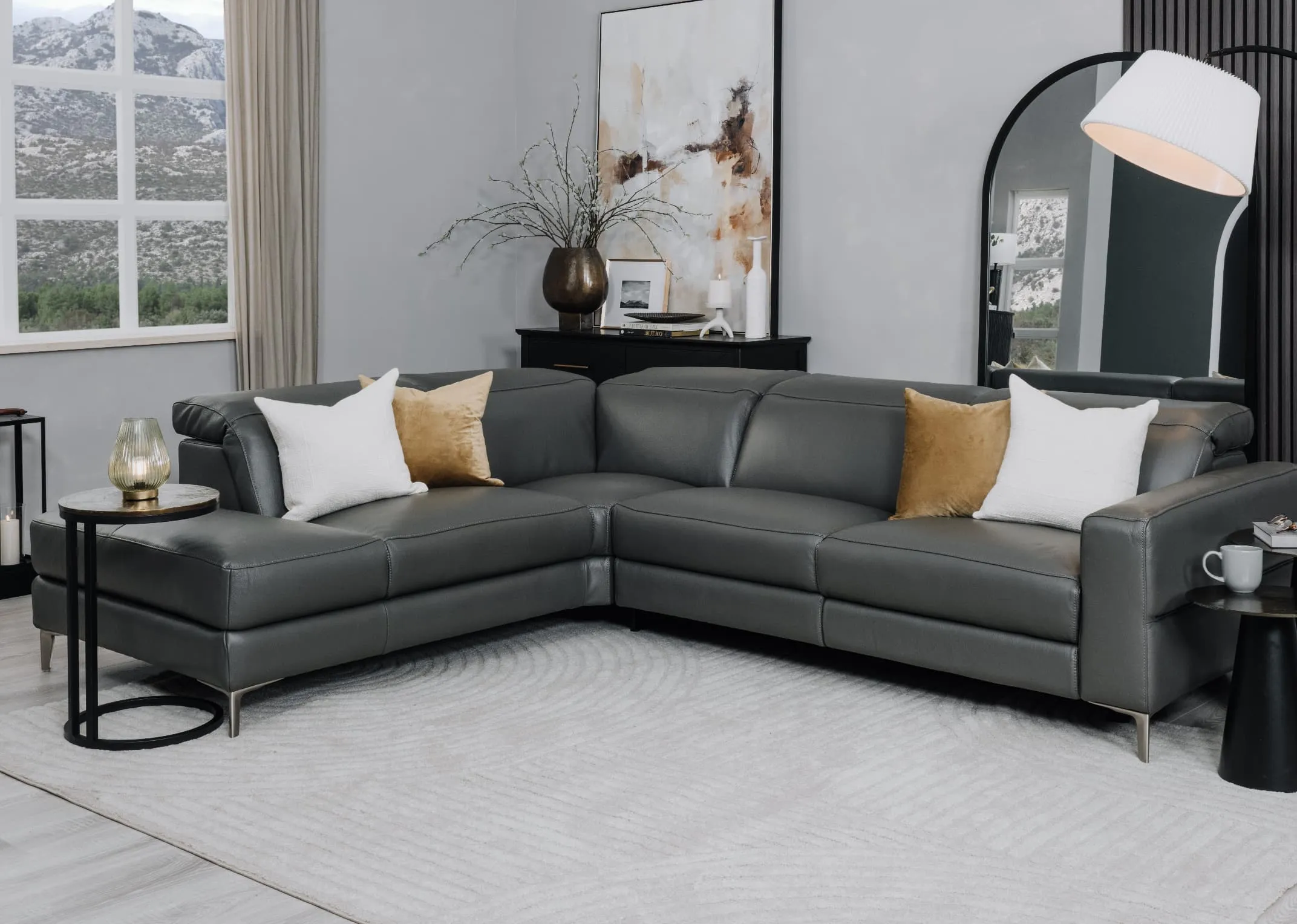 Grey Leather LHF Corner Chaise with Electric Recliner - Vancouver