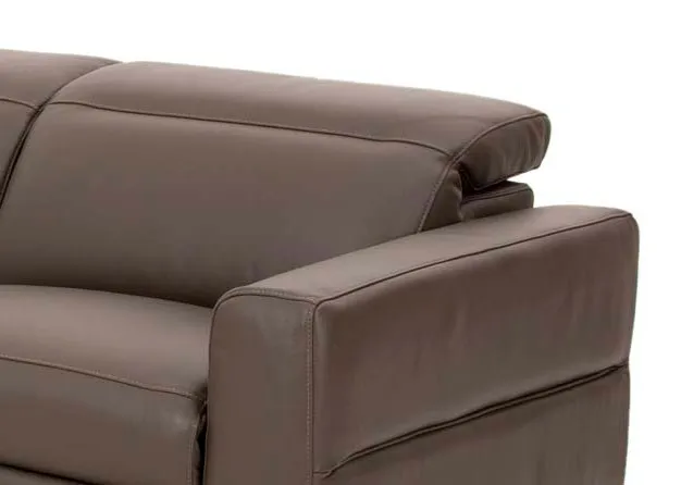 A grey leather electric reclining corner chaise from EZ Livings Vancouver range. Closeup of tilted head rest