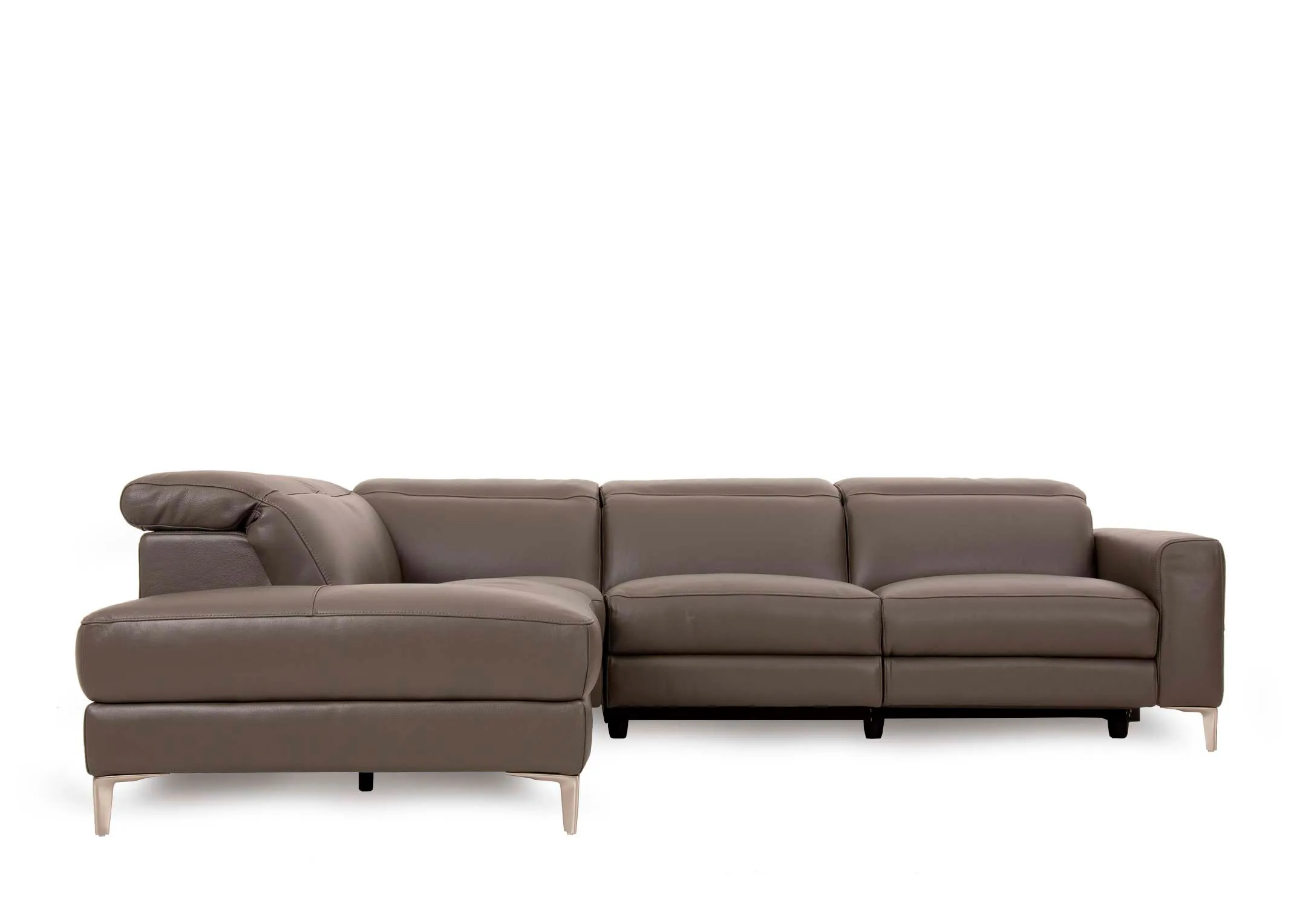 A grey leather electric reclining corner chaise from EZ Livings Vancouver range. Front view