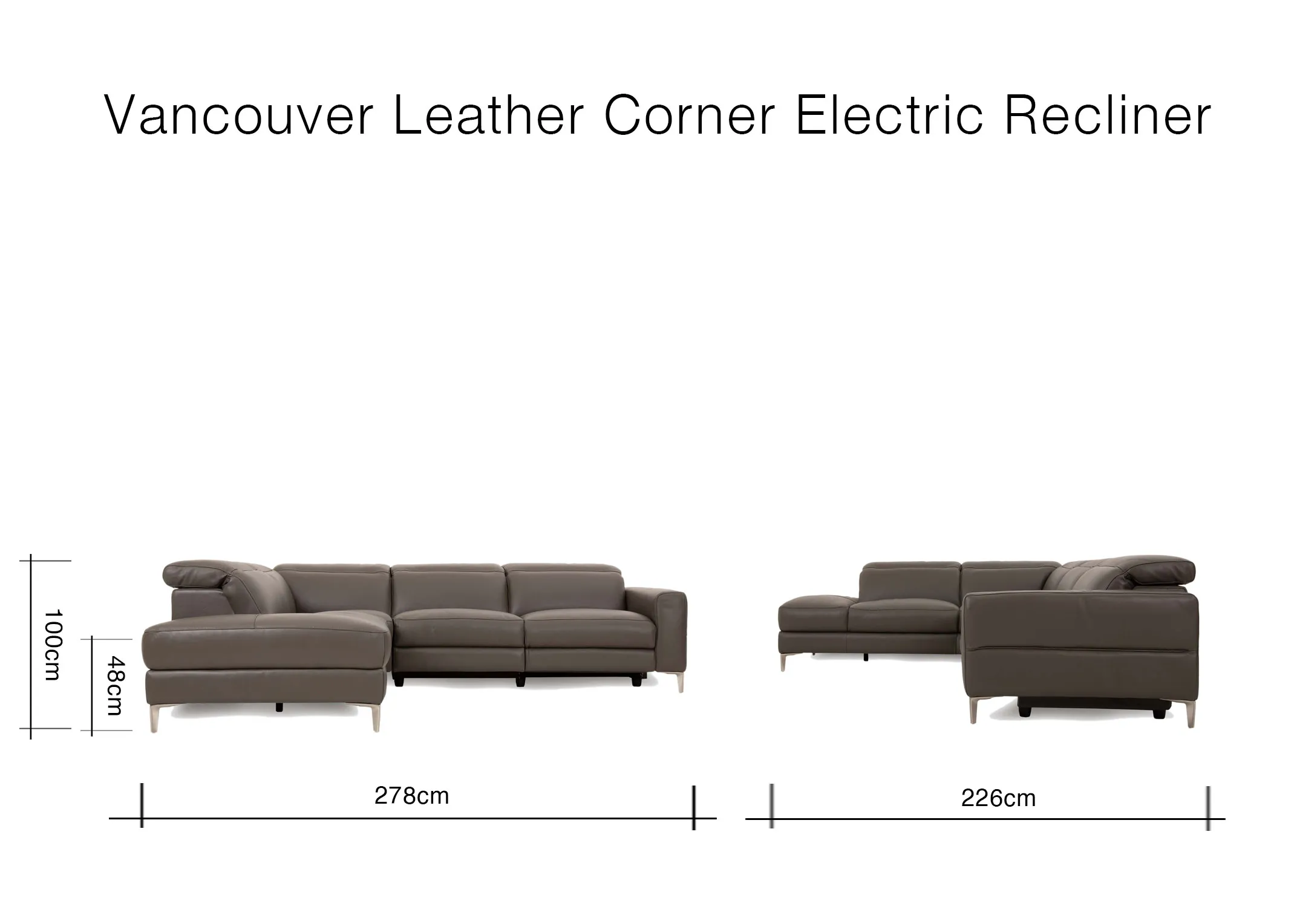A dimension image of the Vancouver Corner chaise with 278cm x  226cm x 100cm