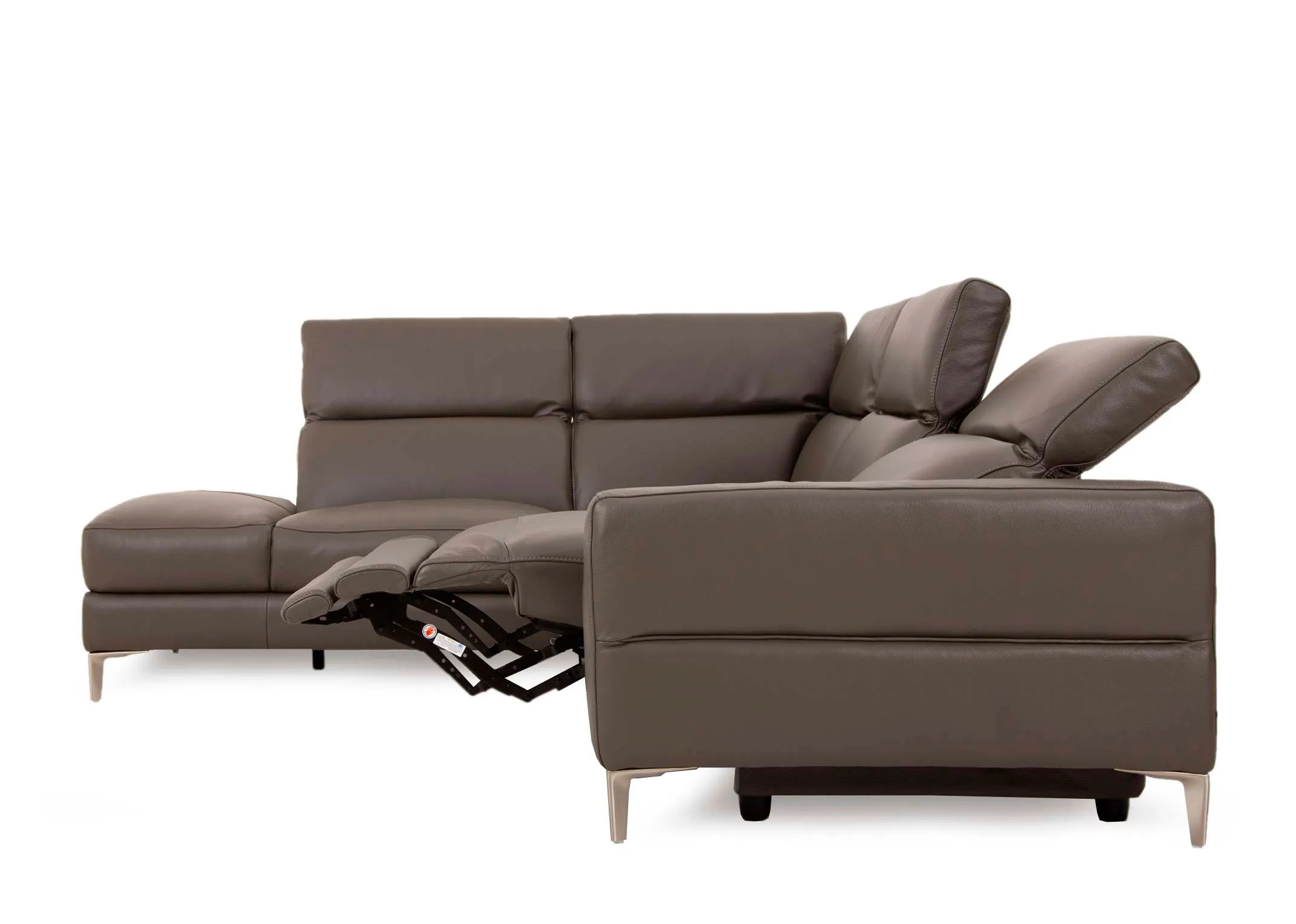 A grey leather electric reclining corner chaise from EZ Livings Vancouver range. Side view of reclined
