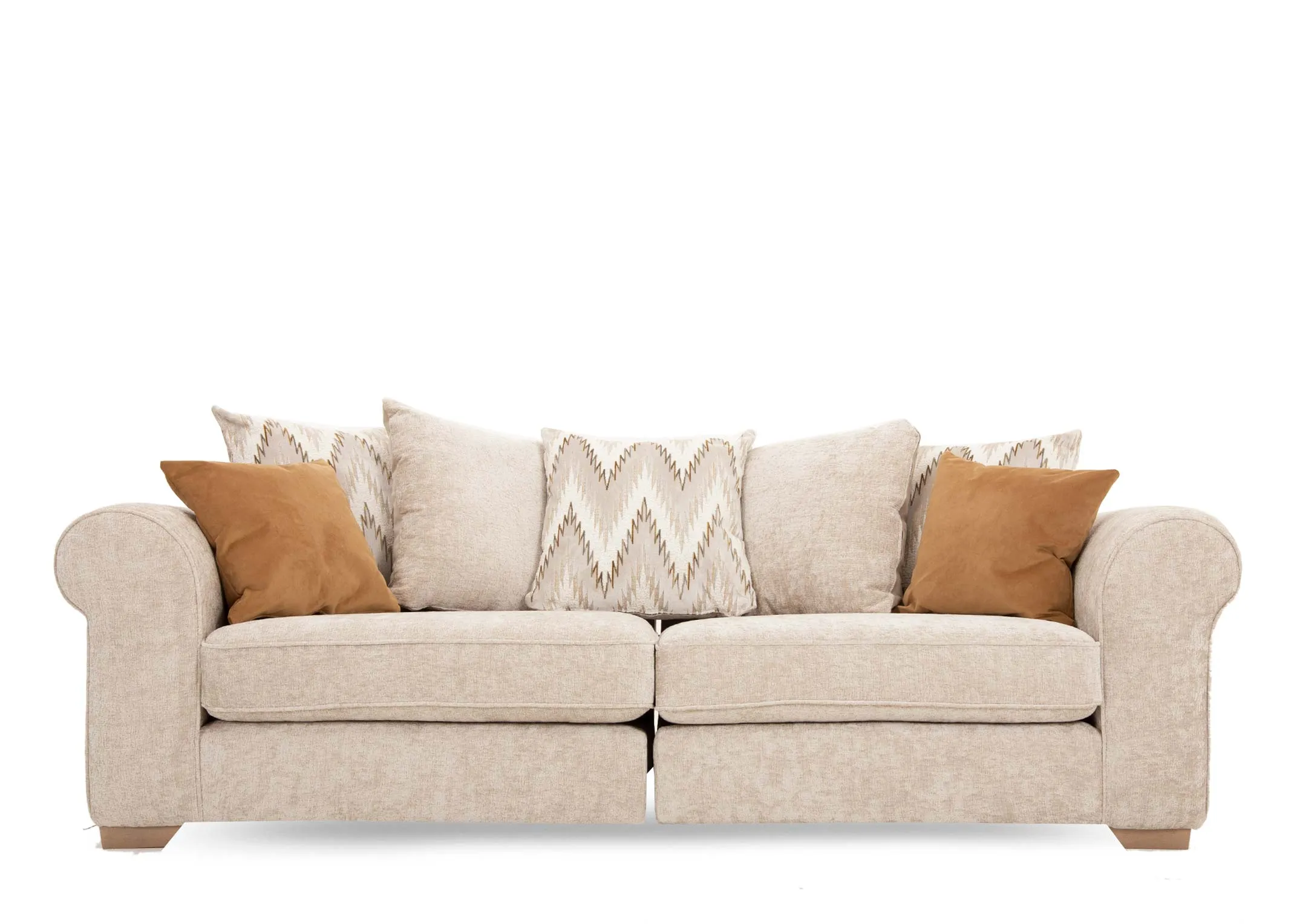 An extra large cream pillowback sofa with 5 accent & 2 scatter cushions from EZ Livings Hayden range. Side view of oak feet
