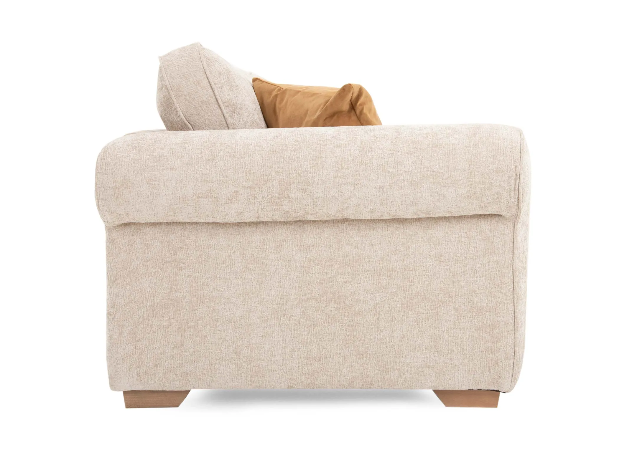 An extra large cream pillowback sofa with 5 accent & 2 scatter cushions from EZ Livings Hayden range. Back view of warrantied frame