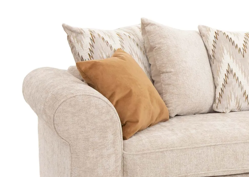 An extra large cream pillowback sofa with 5 accent & 2 scatter cushions from EZ Livings Hayden range. Front view of thick seat cushions