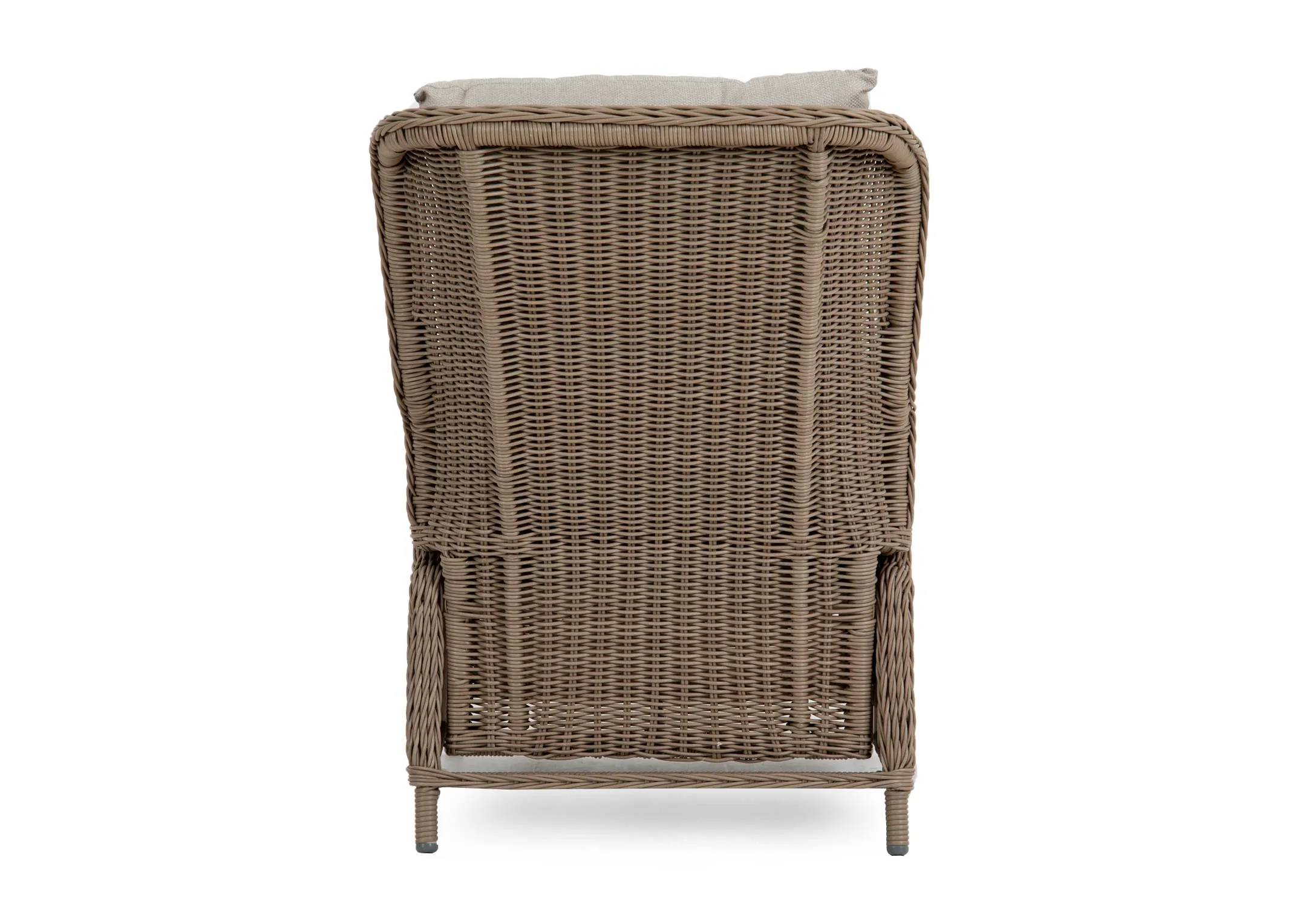 A back view of the wicker recliner with beige cushions in fixed mode.