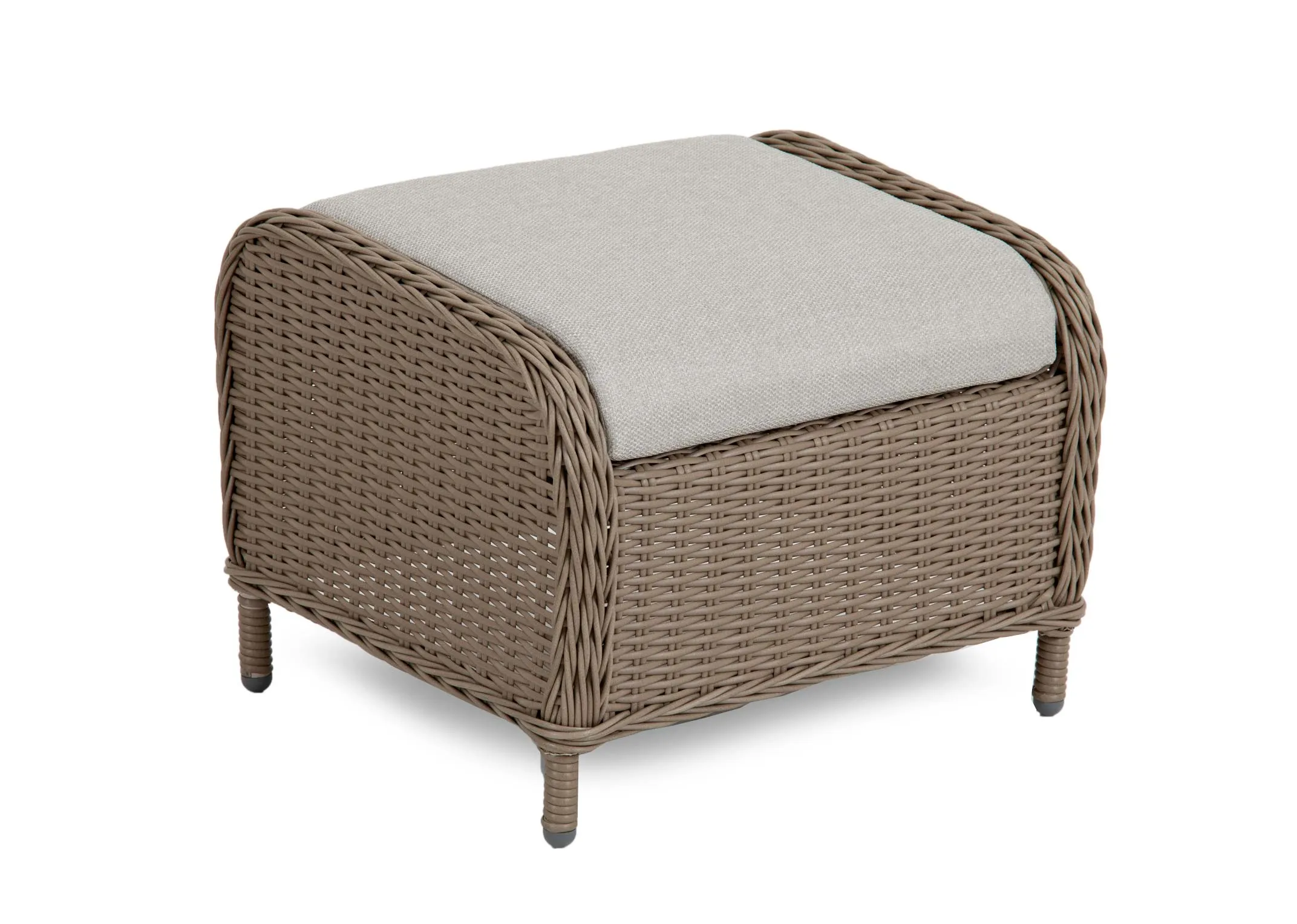 An angled view of the wicker ottoman with beige fabric washable cushion.