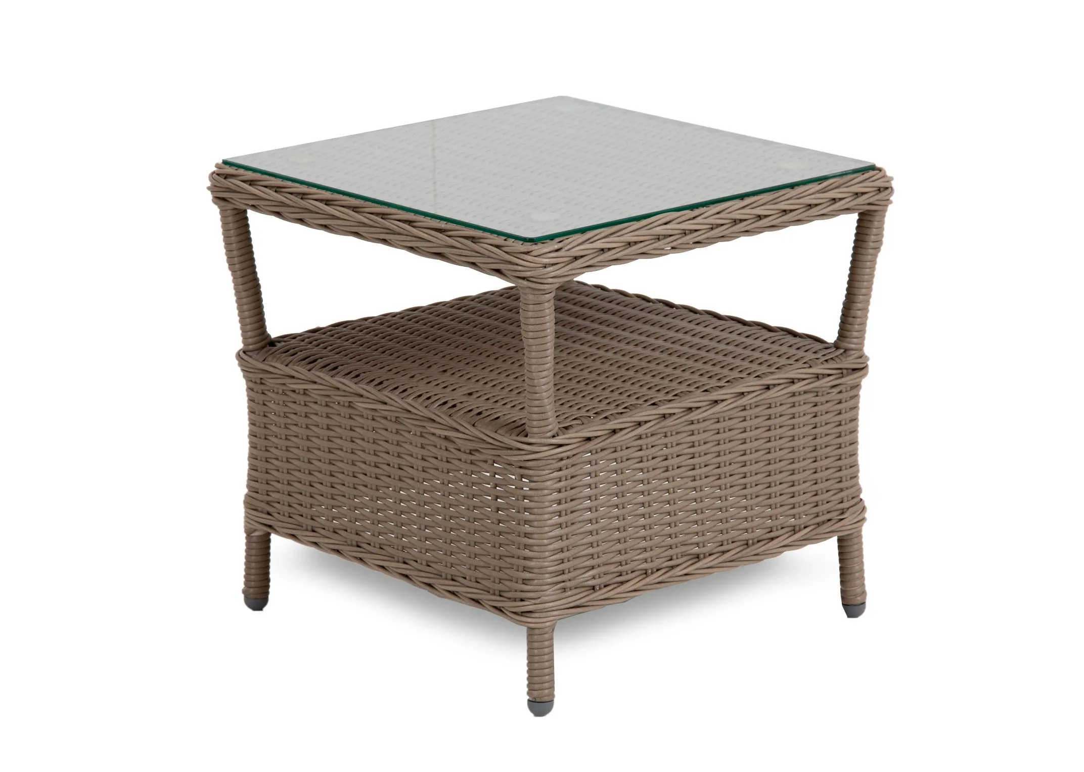 An angled view of the square wicker table with glass table top from EZ Livings Laurel range.