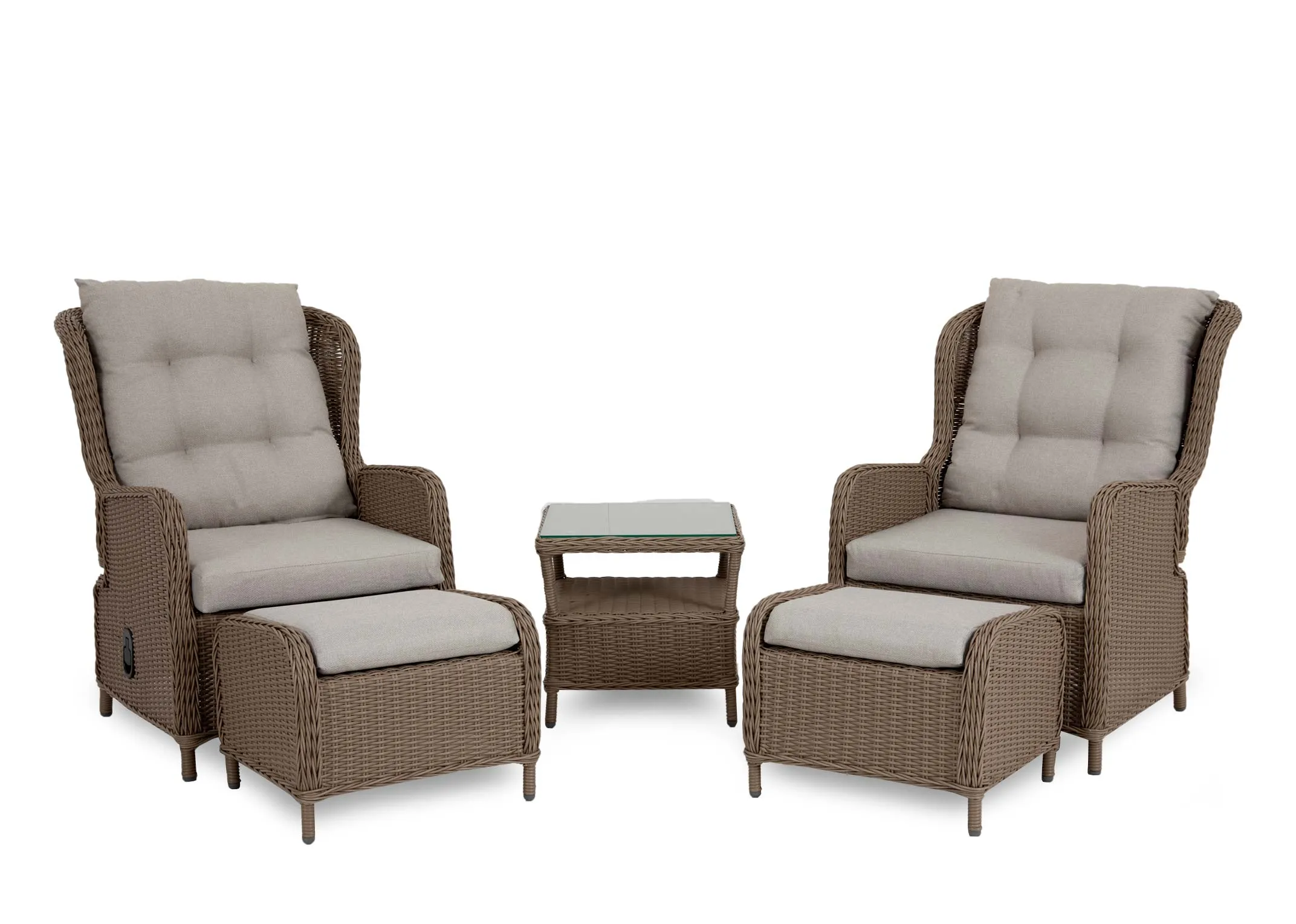 A set of 2 wicker recliner ottomans with table from EZ Livings Laurel range. Angled view