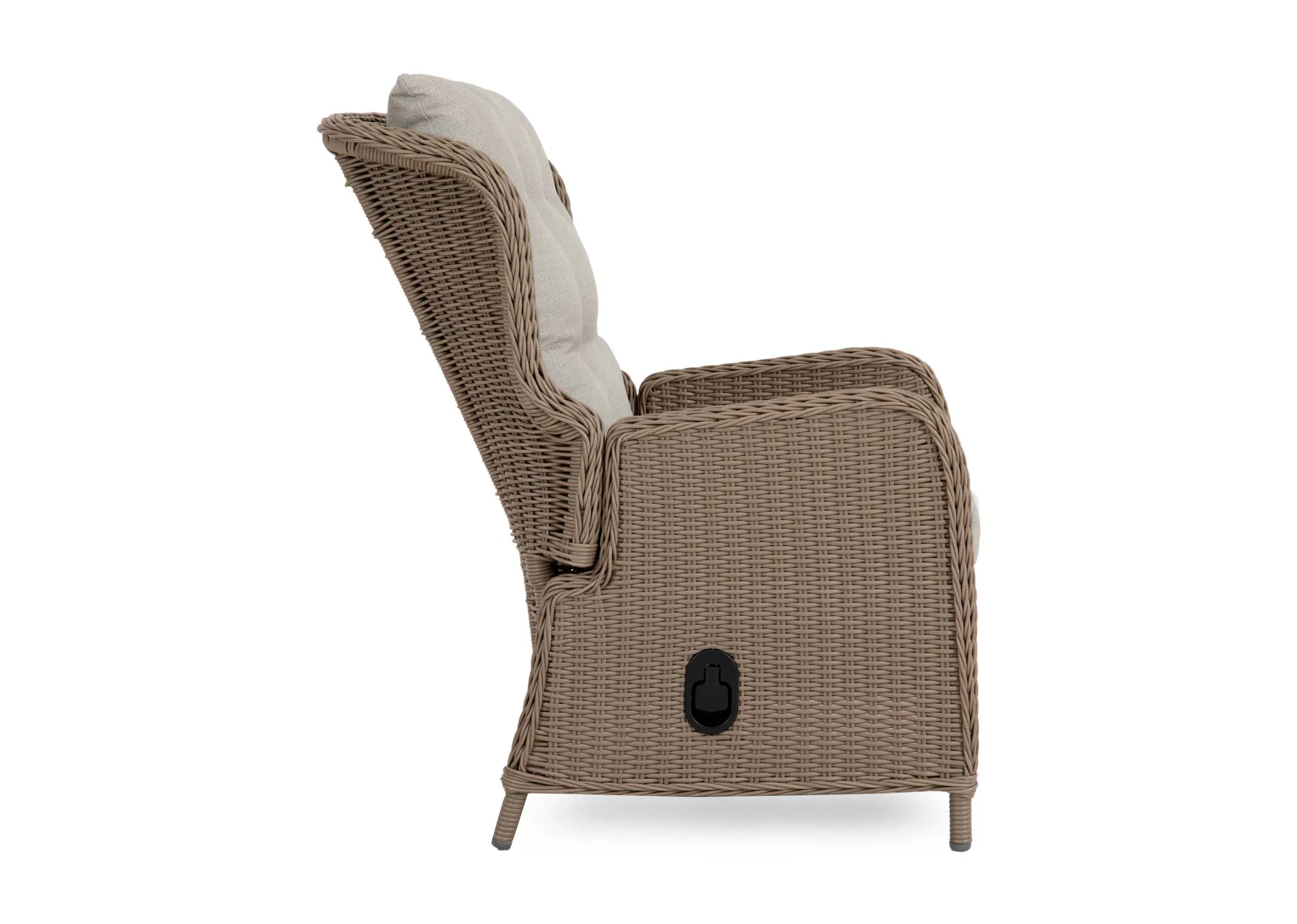 A side view of the wicker recliner with beige cushions in fixed mode.
