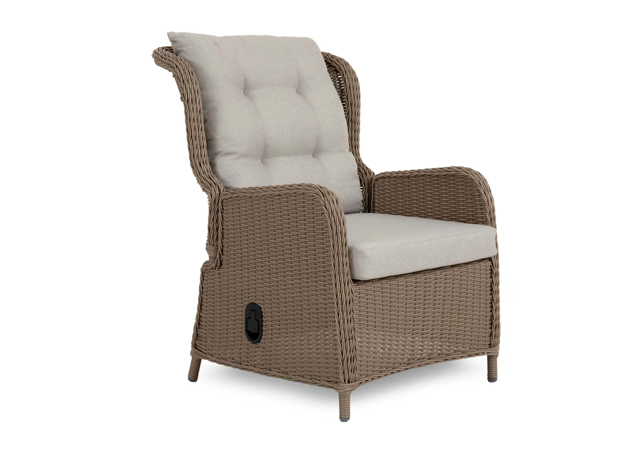 An angled view of the wicker recliner with beige cushions in fixed mode.