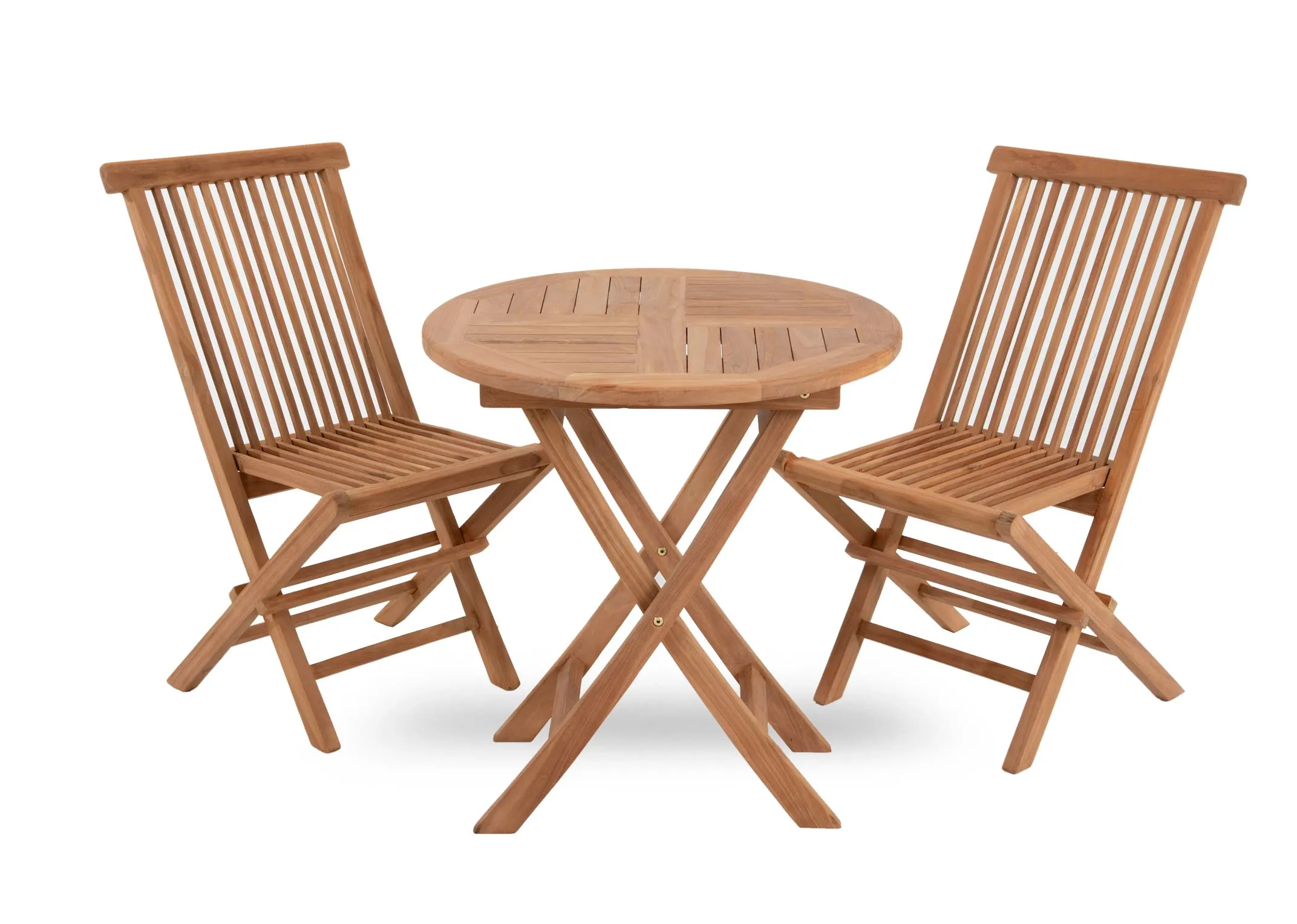 A set of 2 teak foldable chairs and coffee table from EZ Livings Lagos range. Angled view of slat wood style chairs and table top.