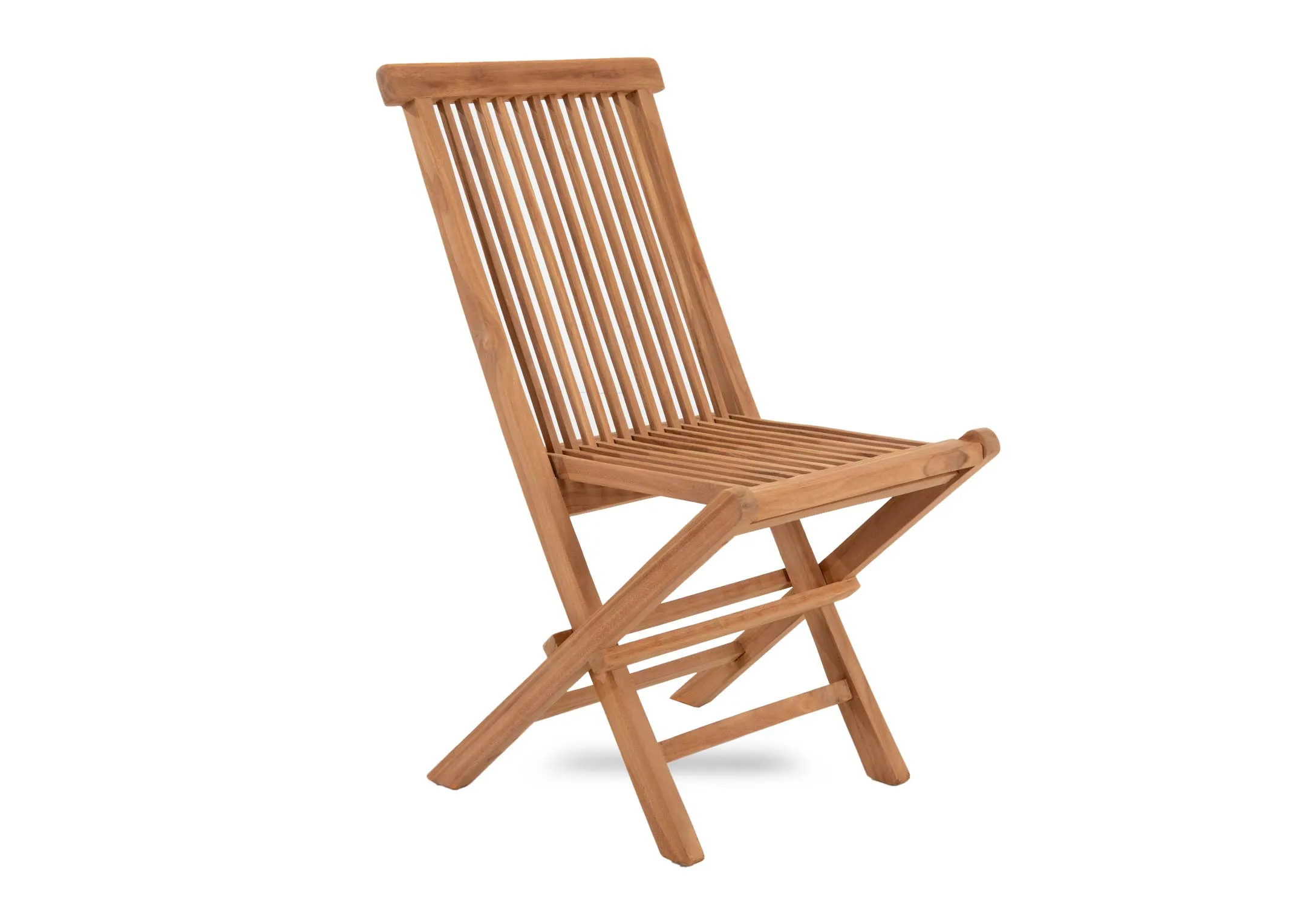 A set of 2 teak foldable chairs and coffee table from EZ Livings Lagos range. Angled view of slat wood style chairs and table top.