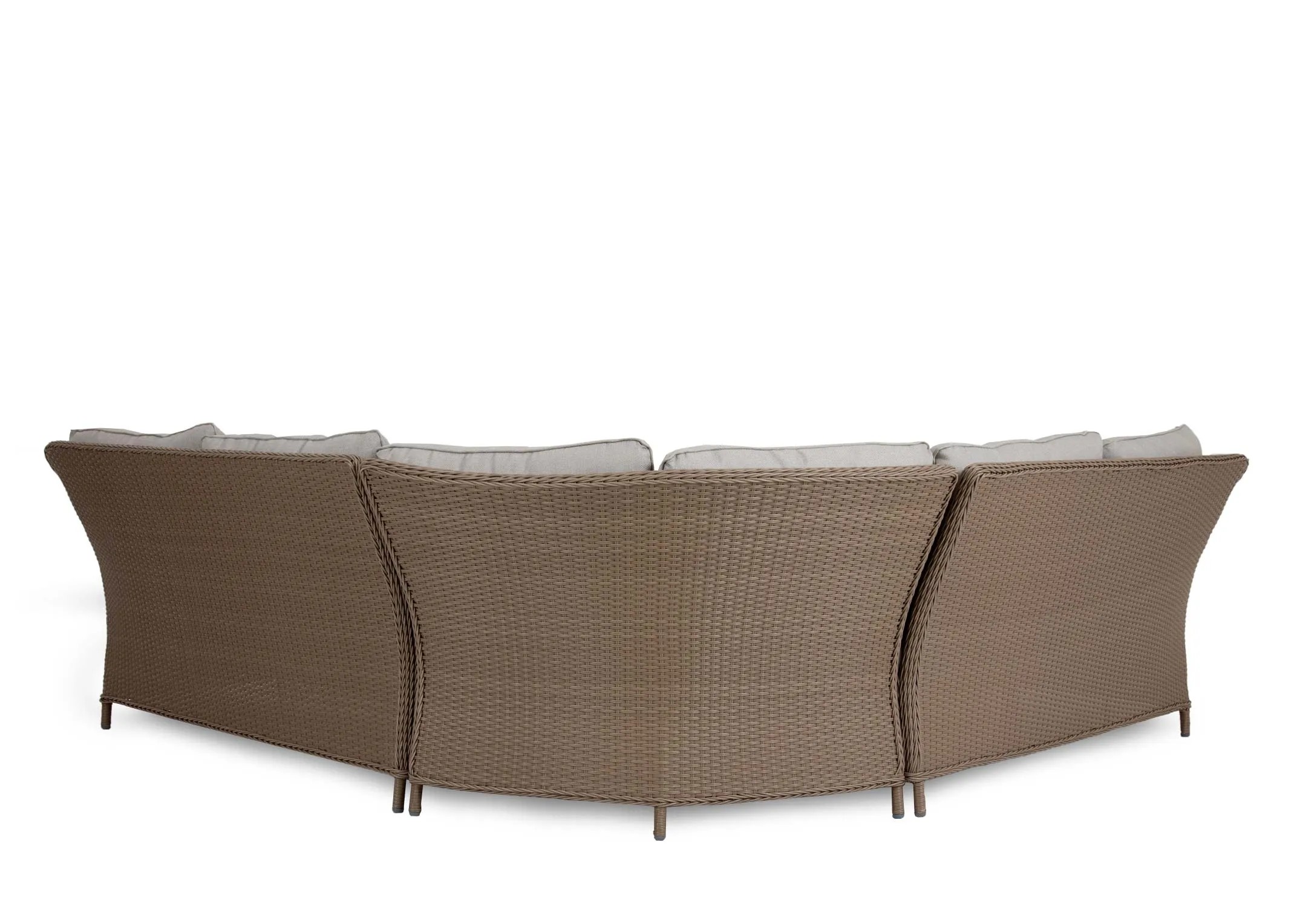 A wicker corner garden sofa with a square dining table & 2 ottoman benches from EZ Livings Marbella range. Angled view of glass top table 