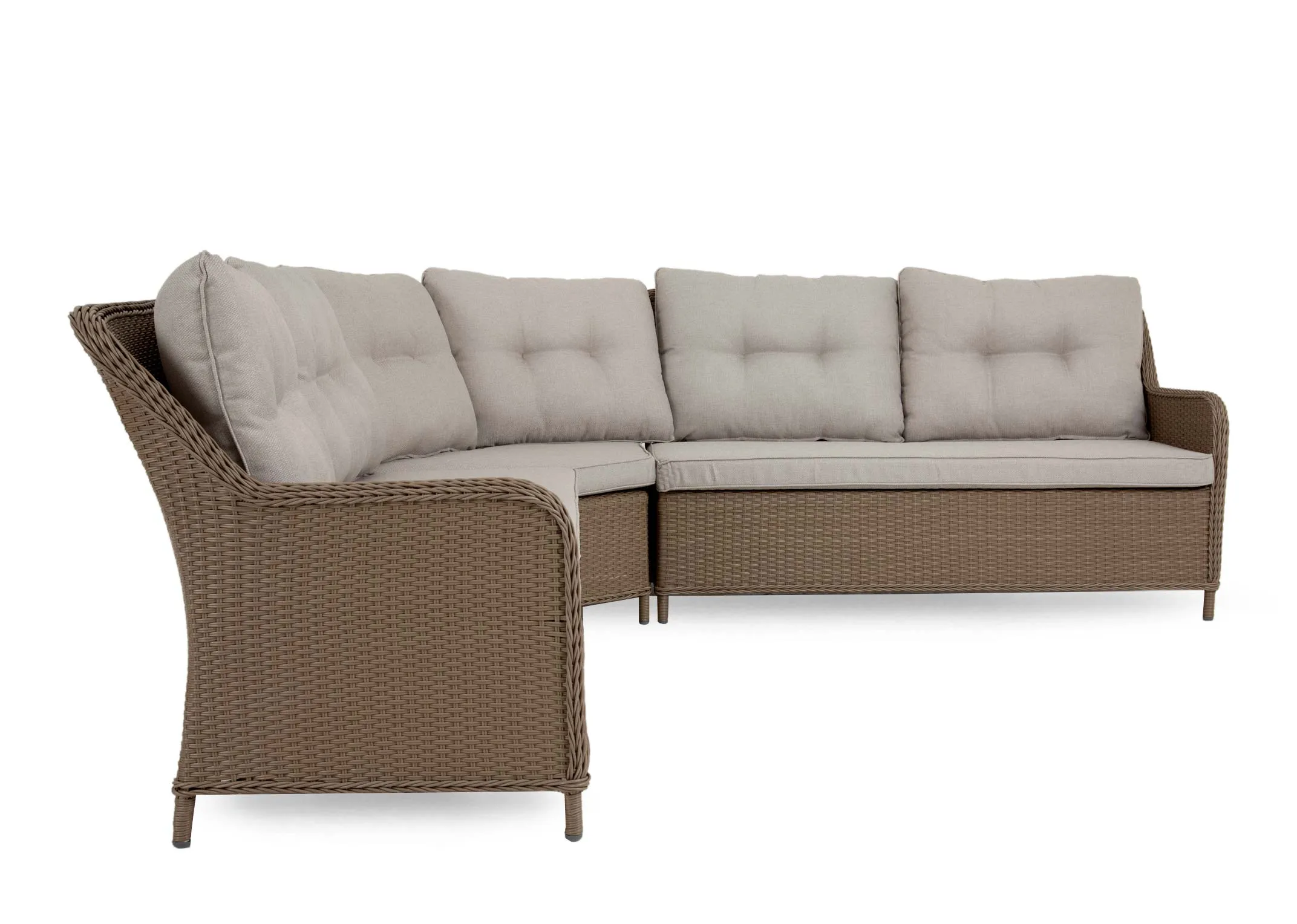 A wicker corner garden sofa with a square dining table & 2 ottoman benches from EZ Livings Marbella range. Front view of curved armrests on either end.