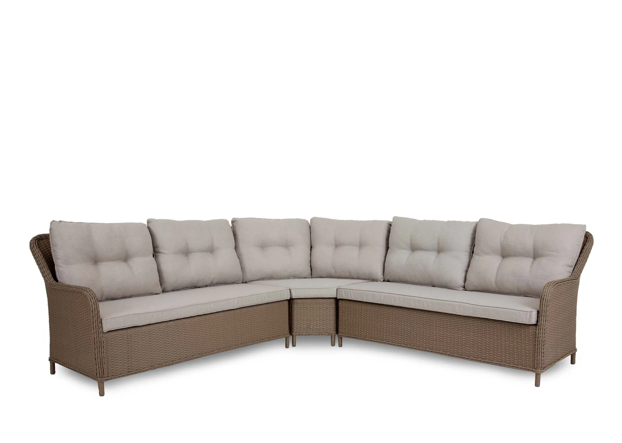 A wicker corner garden sofa with a square dining table & 2 ottoman benches from EZ Livings Marbella range. Angled view of ottoman bench.