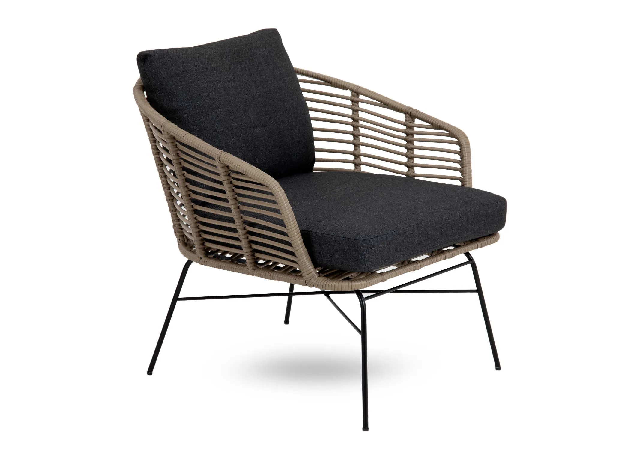 A wicker framed armchair from EZ Livings Tangier range. Angled view of dark grey seat and back cushion.