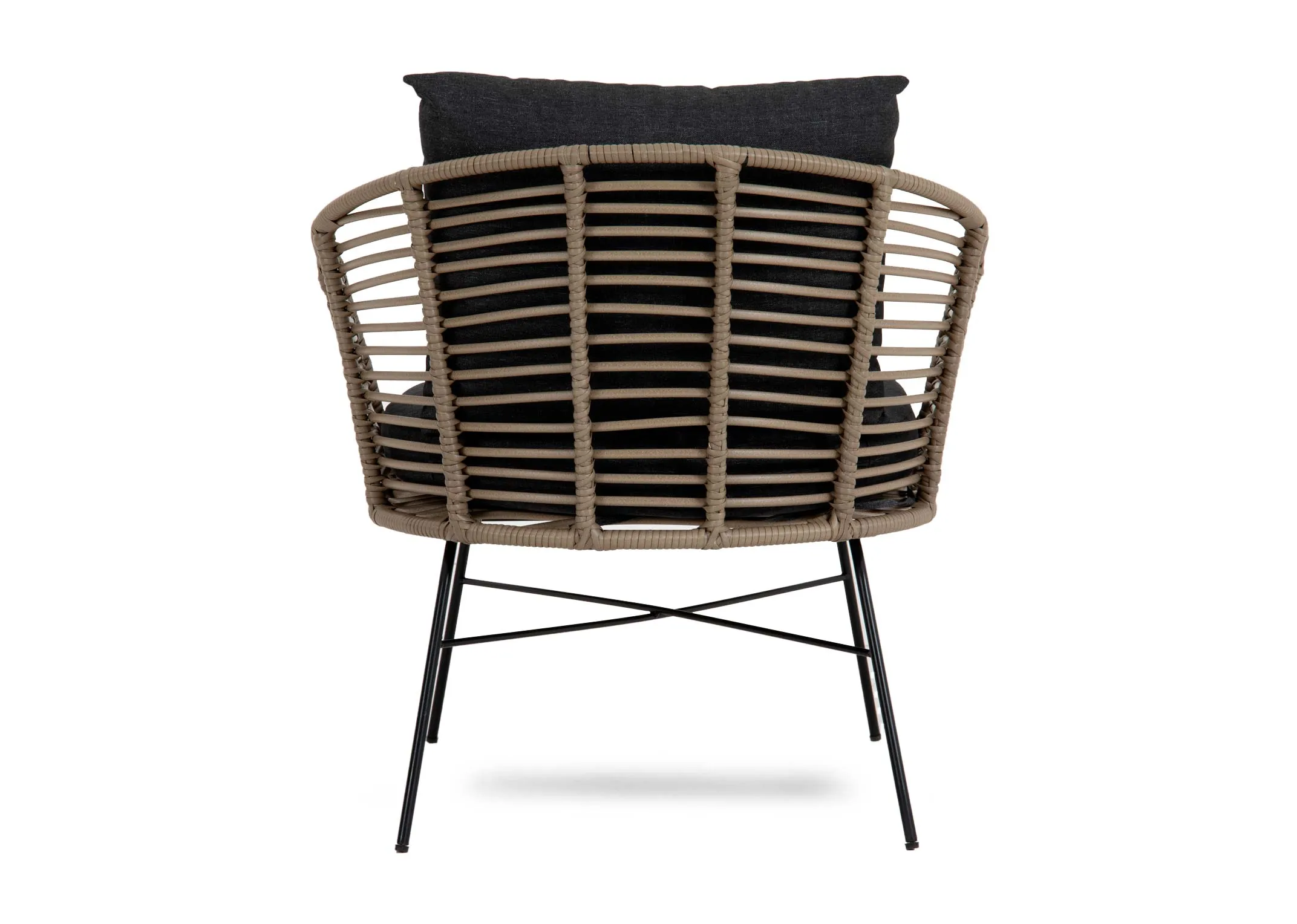 A wicker framed armchair from EZ Livings Tangier range. Back view of arched seat back.