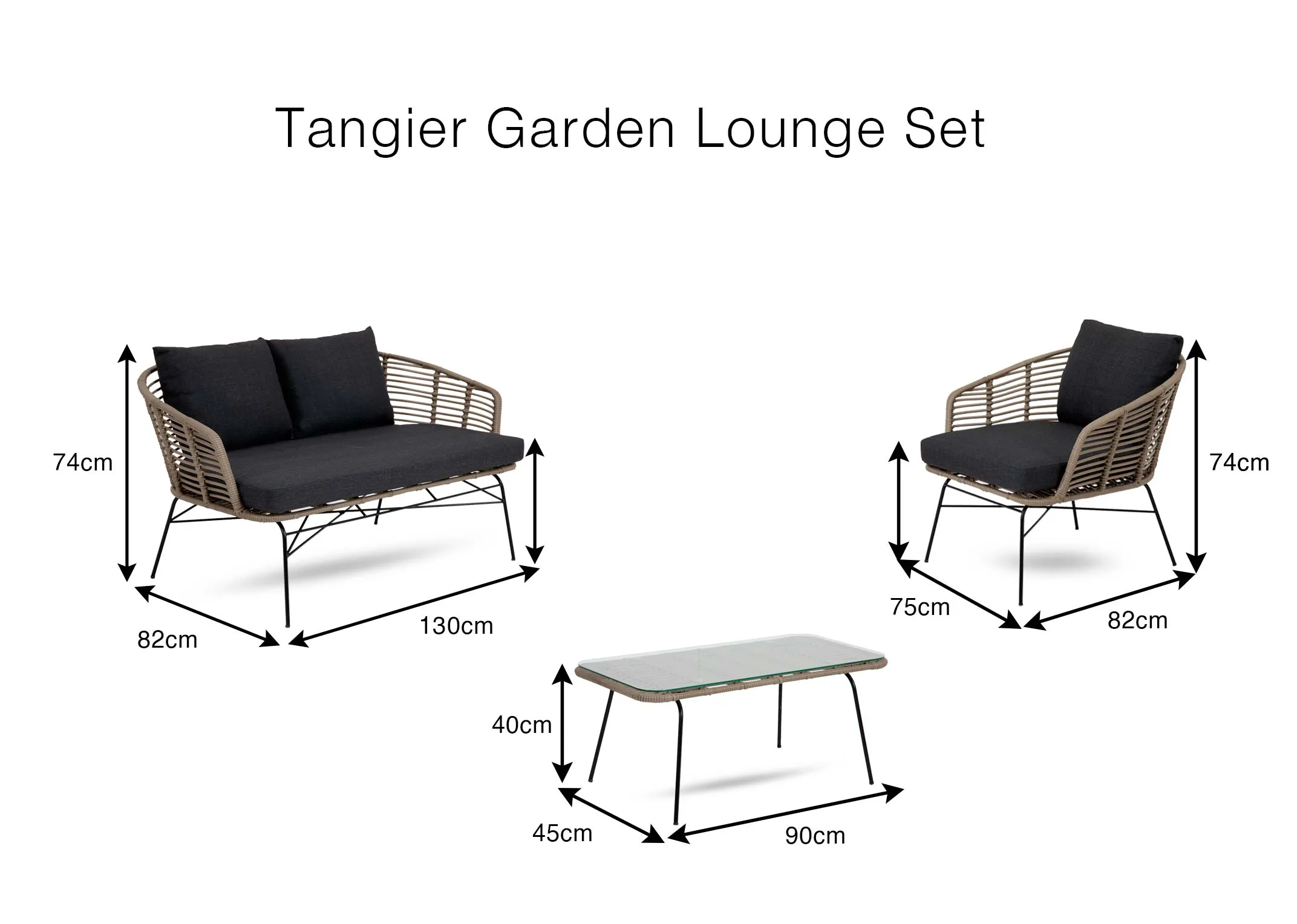 A dimension image of the Tangier Lounge Set with Sofa 130cm x 82cm x 74cm Table 90cm x 45xm x 40cm Chair 75cm x 82cm x 74cm