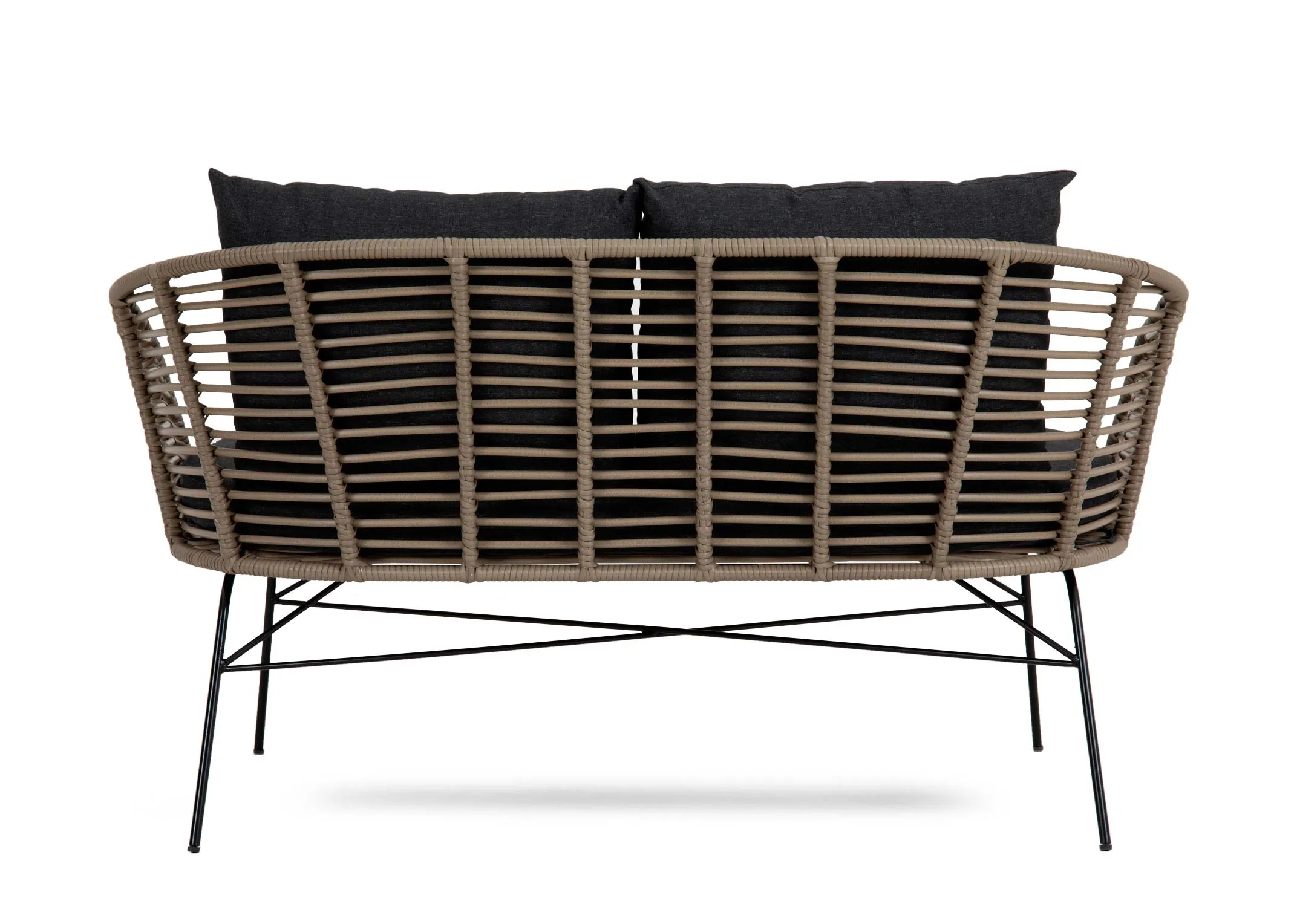 A wicker 2 seater sofa with dark grey seat cushions from EZ Livings Tangier range. Back view of wick frame