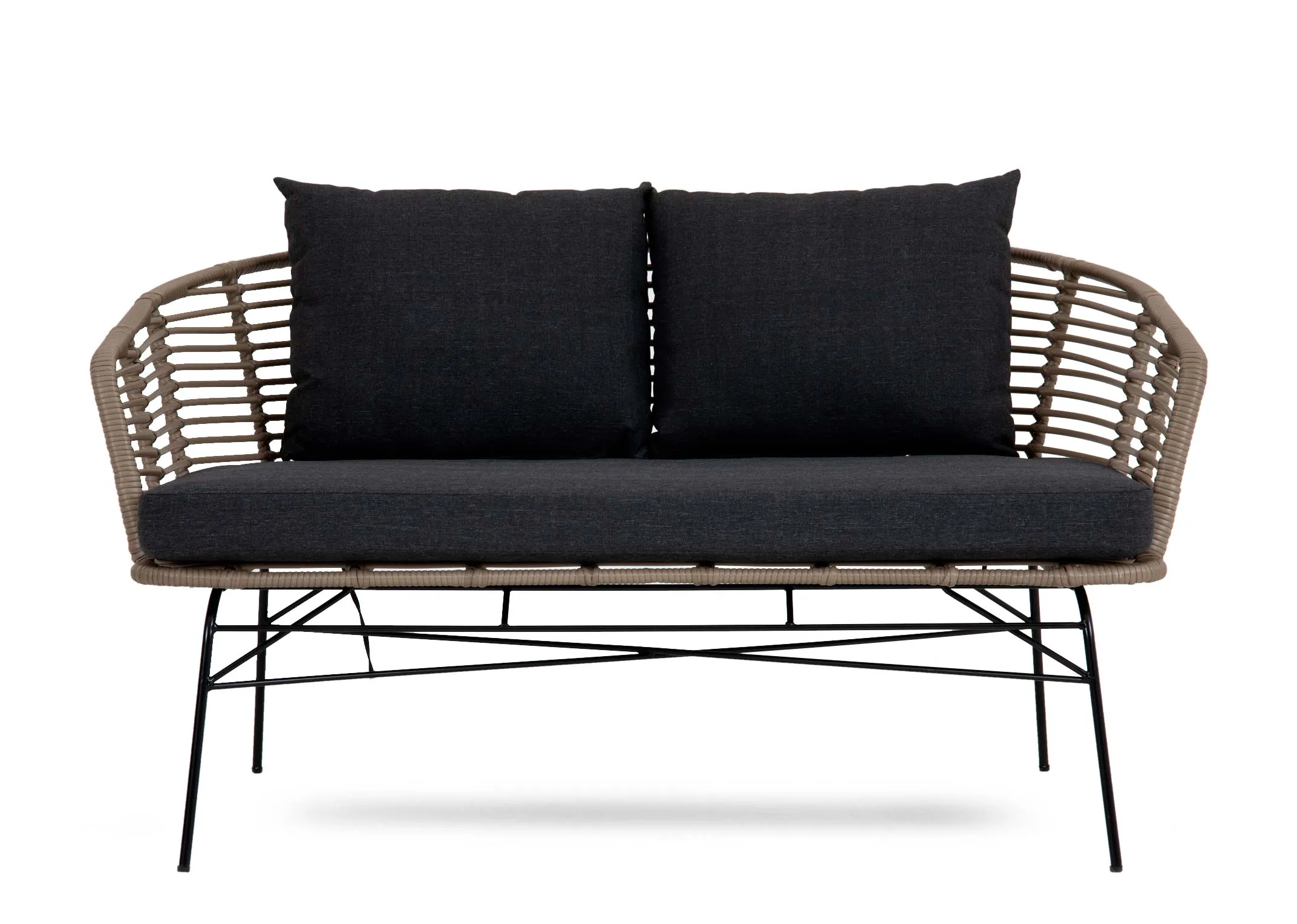 A wicker 2 seater sofa with dark grey seat cushions from EZ Livings Tangier range. Front view of metal legs.