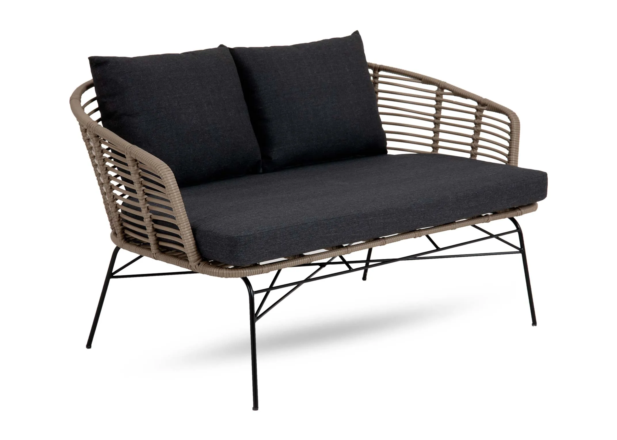 A wicker 2 seater sofa with dark grey seat cushions from EZ Livings Tangier range. Angled view