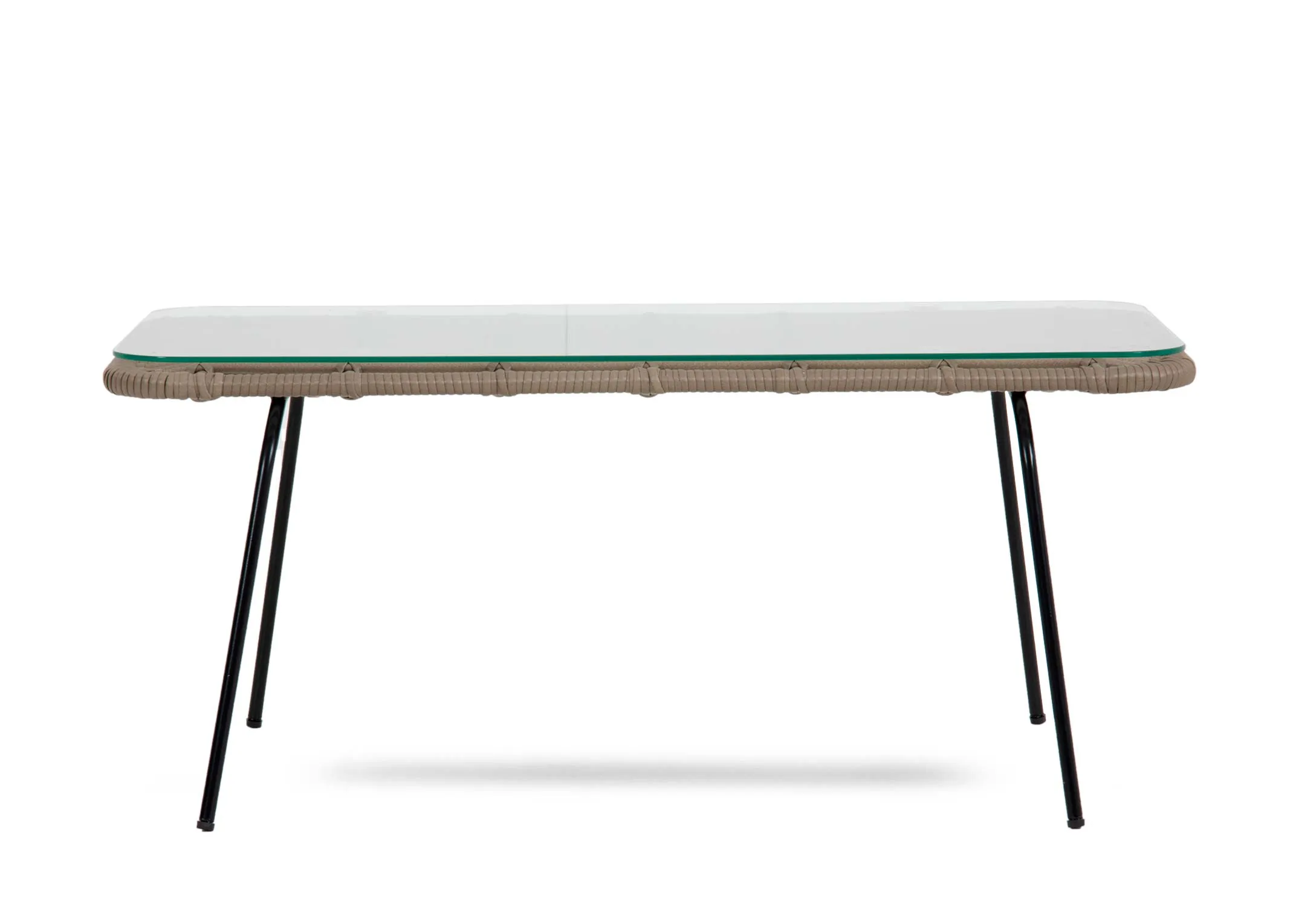 A wicker coffee table with glass top from EZ Livings Tangier range. Front view of slim table top.