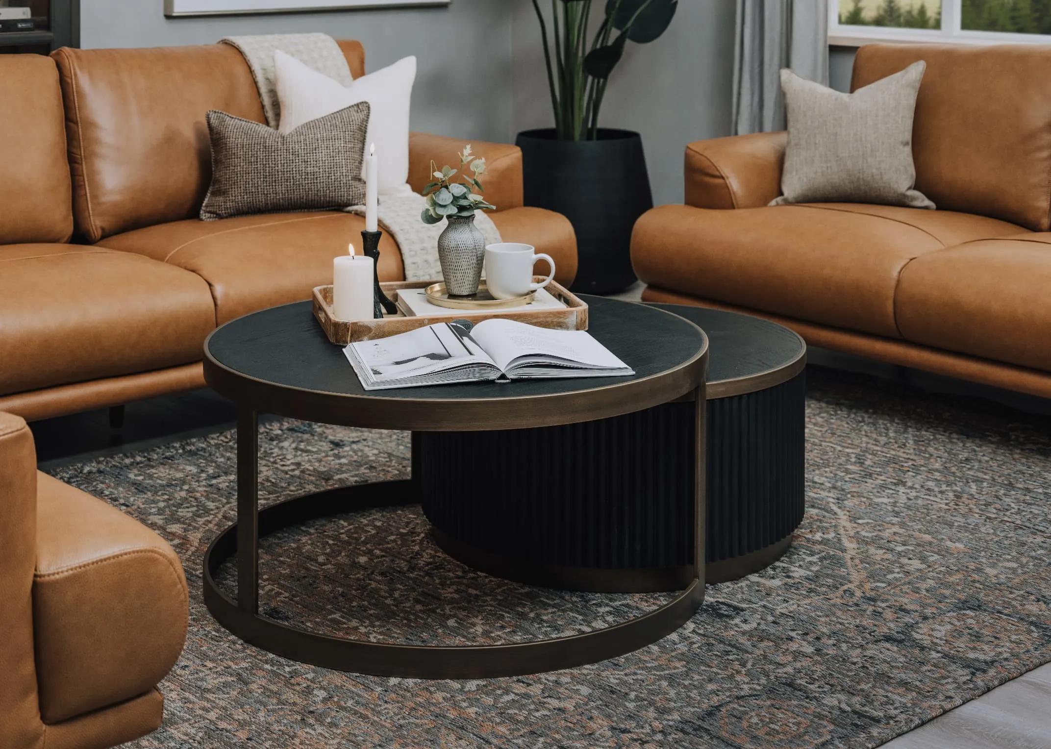 Nest of 2 Black & Gold Round Tables - Palm