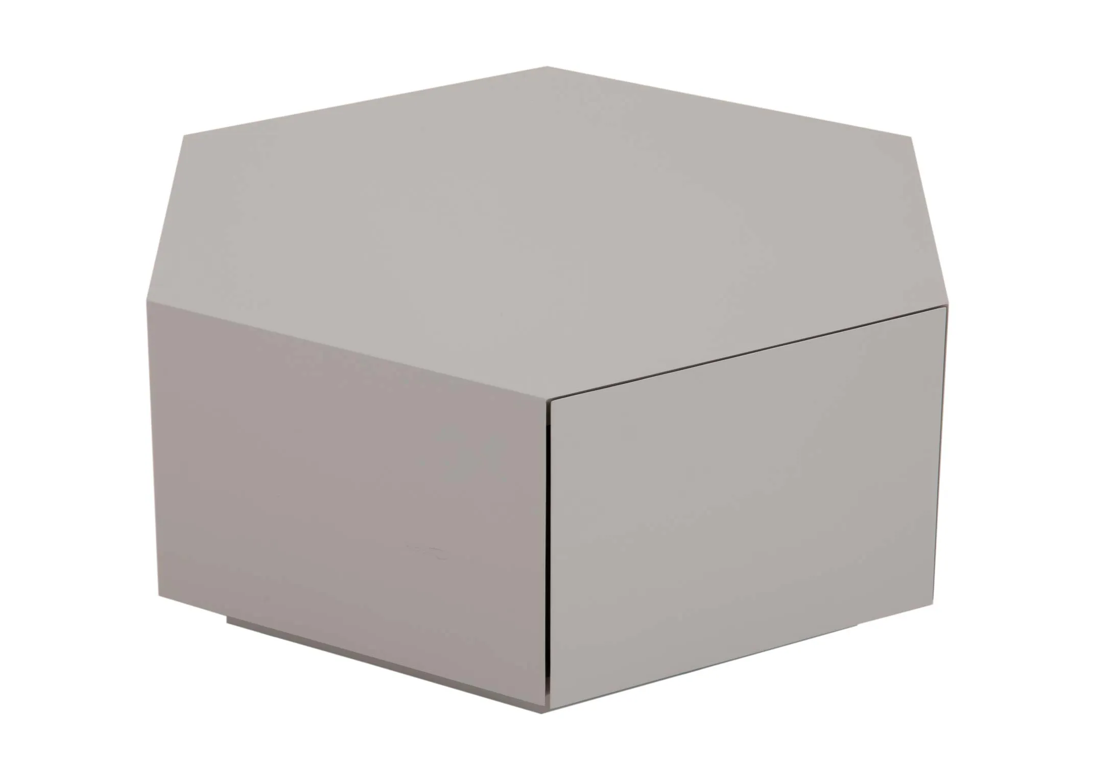 An off-white hexagonal plinth coffee table from EZ Livings Jonas range. Angled view of table with 1 drawer closed.