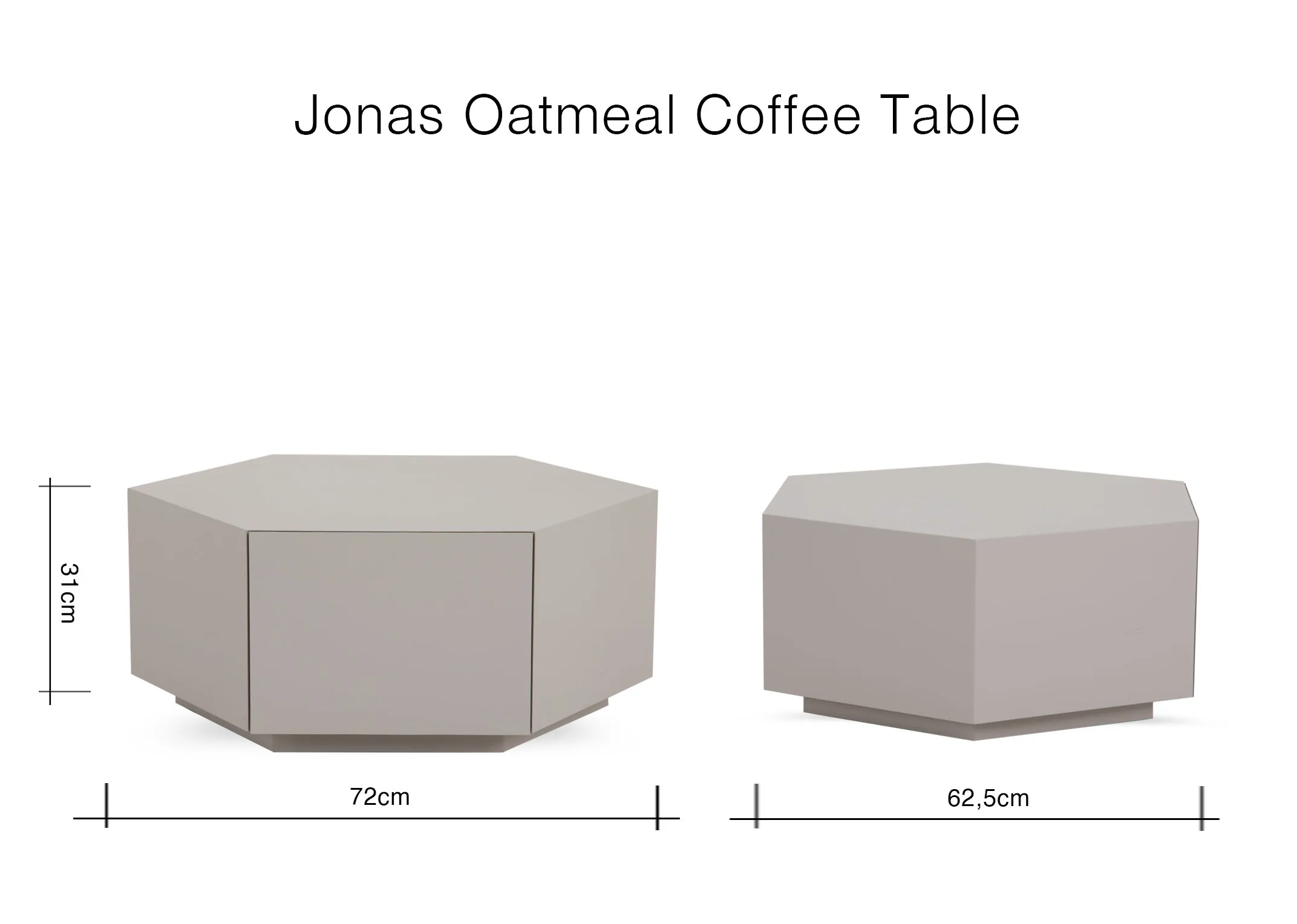A dimension image of the Jonas Oatmeal Coffee Table with 72cm x 62cm x 31cm
