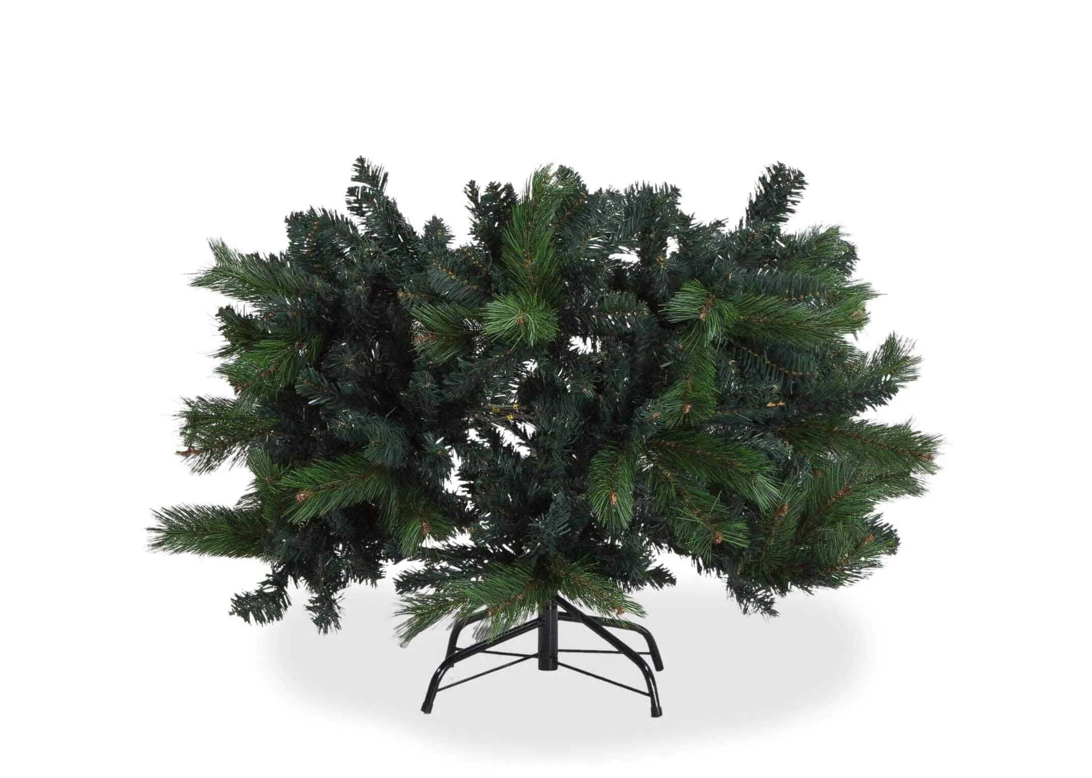 A close up of the bottom section of 180cm pine Christmas tree along with the four-legged metal base.