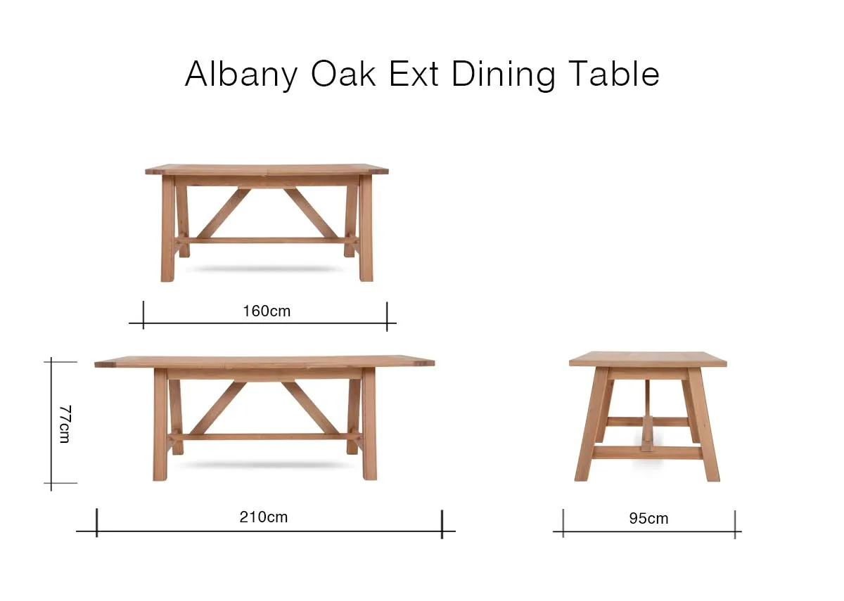 A dimension image of the Albany Dining Table with 160-210cm x 95cm x 77cm