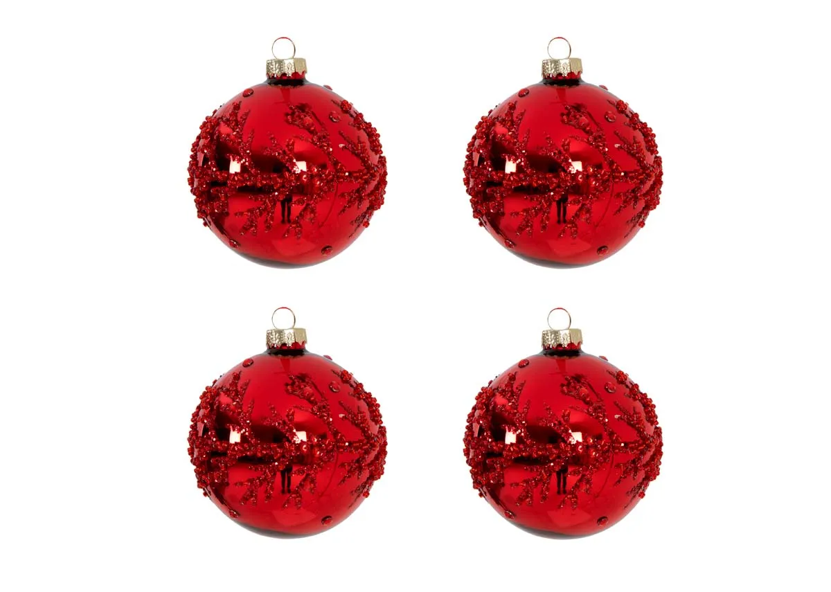 A set of 4 red baubles from EZ Livings Christmas range. Front view of Home for the Holidays set.