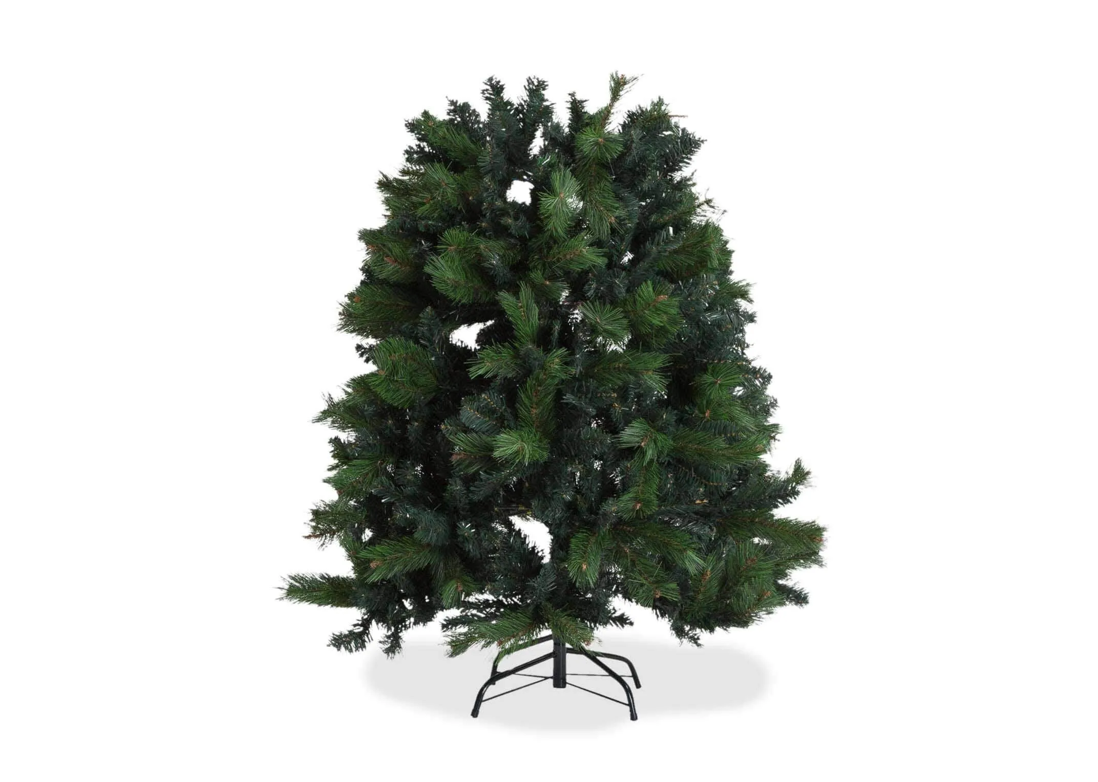 A front view of the middle section of the 180cm pine Christmas tree with the four-legged metal base.