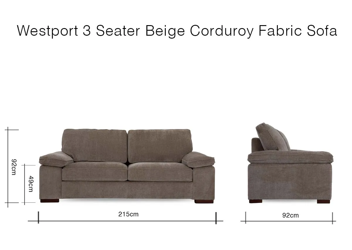 A dimension image of the Westport 3 Seater Sofa with 215cm x 92cm x 92cm