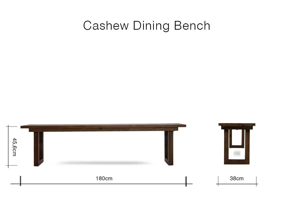 A dimension image of the New Ladder cashew dining bench with 180cm x 38cm x 46.5cm