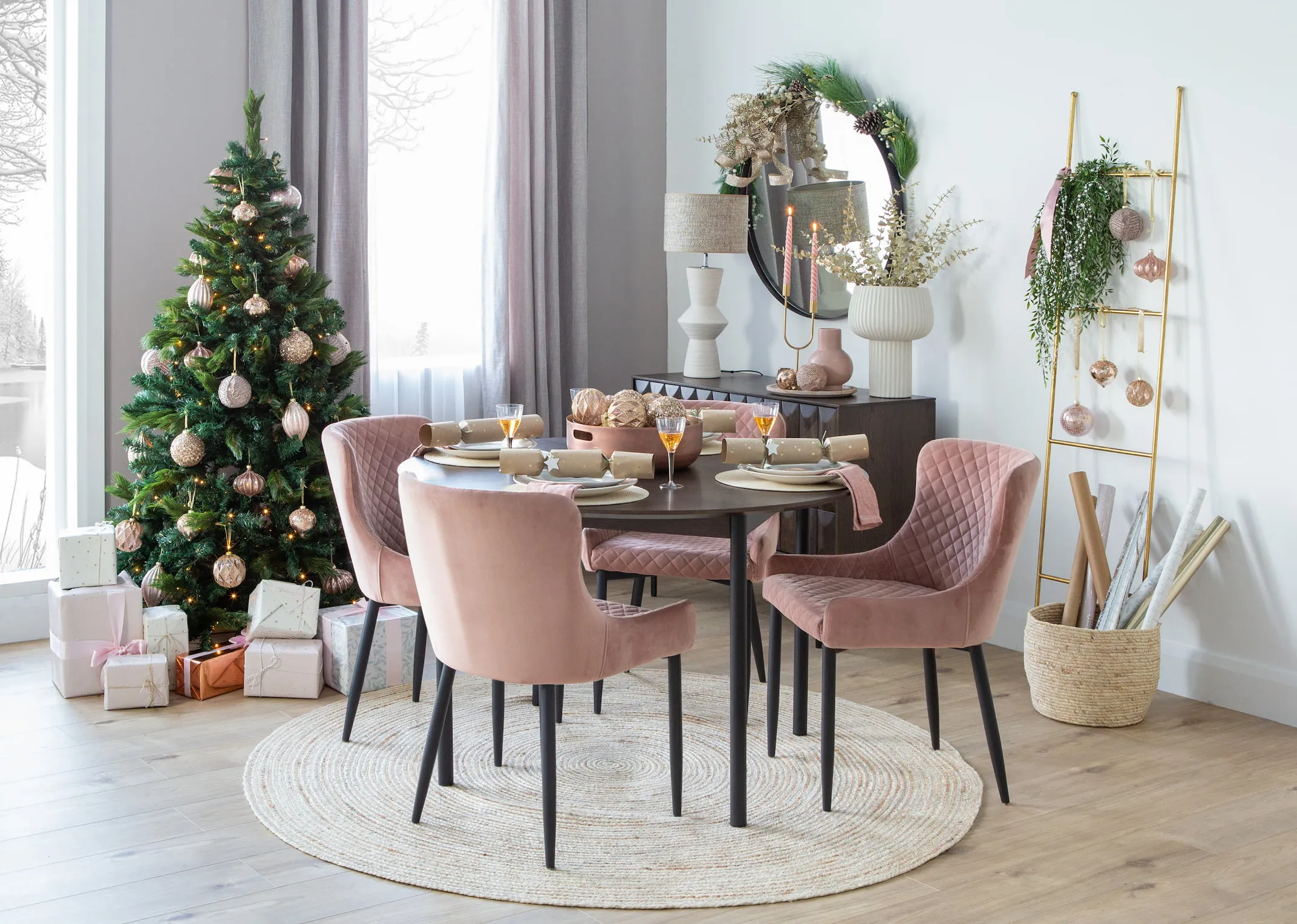 A lifestyle image of the Latina table & sideboard with the Sherwood tree