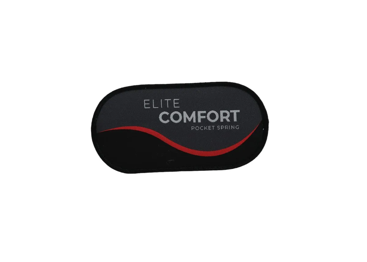 A closeup view of the Elite Comfort Mattress branding from EZ Living Furniture