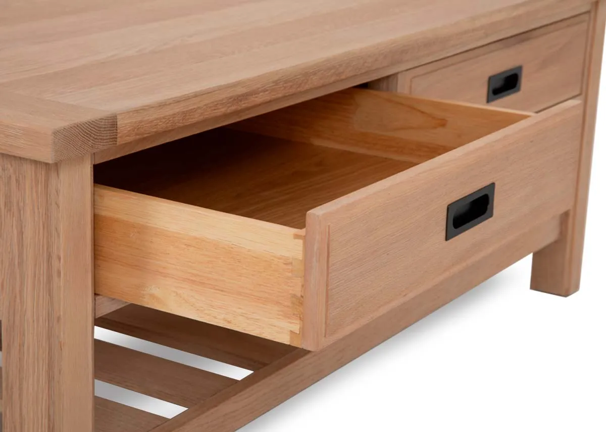 An oak 2 drawer coffee table from EZ Livings Albany range.Closeup of drawer shows metal handle
