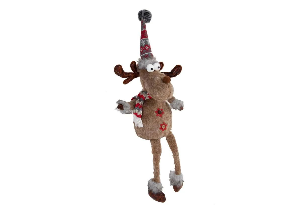 A brown furry reindeer with aztec hat and scarf from EZ Livings Jingle. Angled view