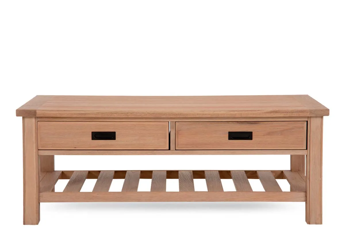 An oak 2 drawer coffee table from EZ Livings Albany range.Front view of lower slatted shelf for storage or display.