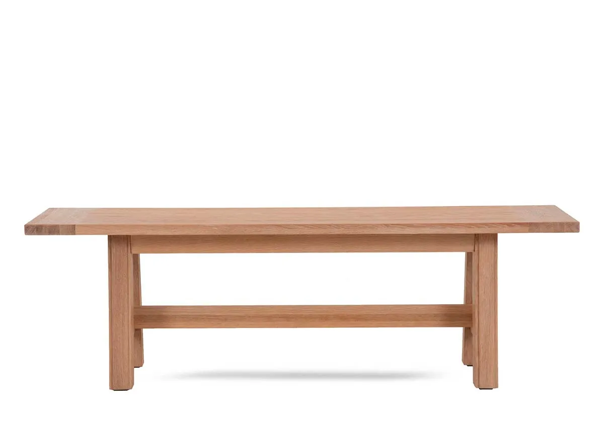 An oak dining bench from EZ Livings Albany range. Front view of thick bench top.