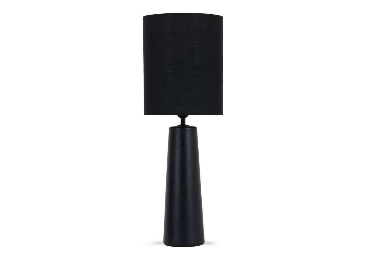 A black table lamp with black shade from EZ Livings Blackwater range.
