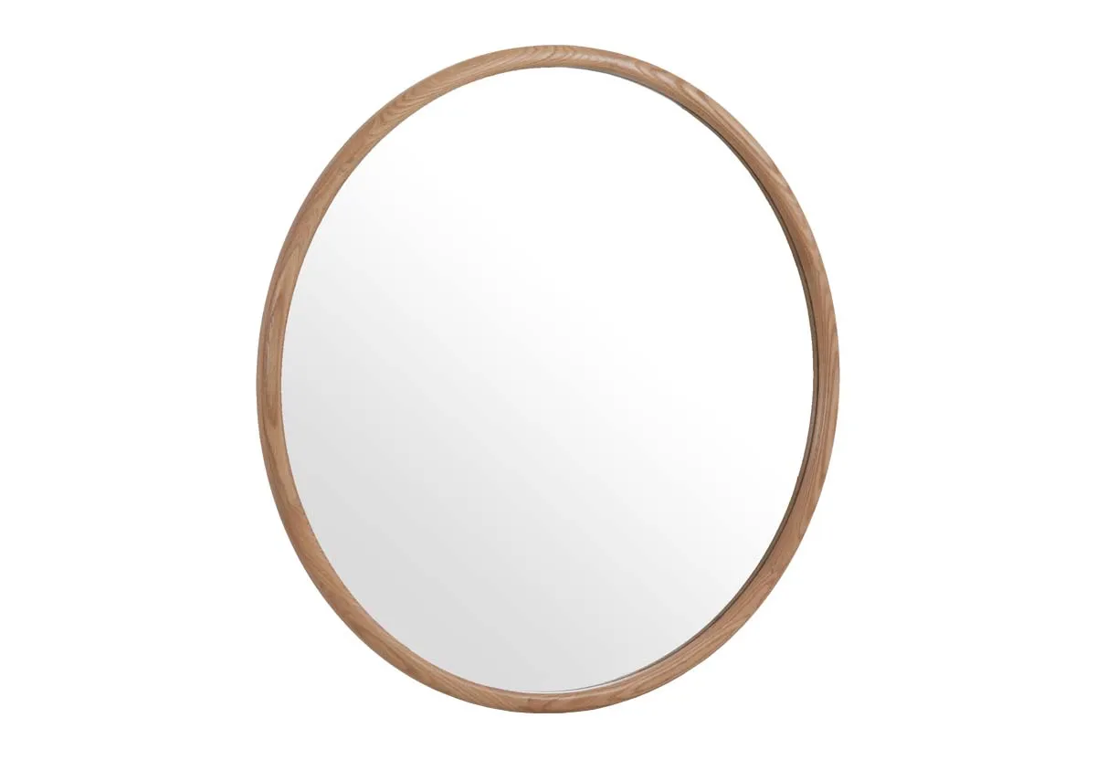 A round oak wall mirror from EZ Livings Teo range. Front view.