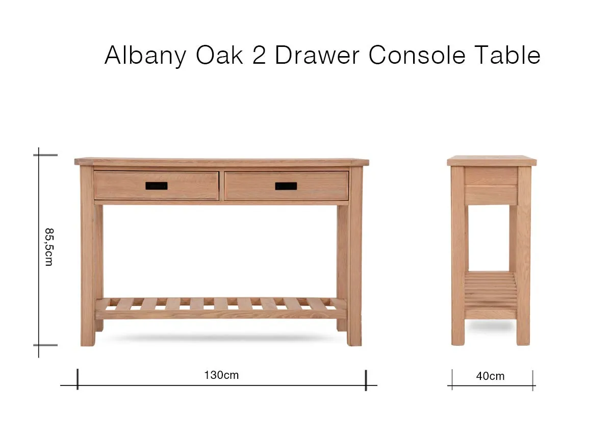 A dimension image of the Albany Oak Console Table 130cm x 40cm x 85cm with 