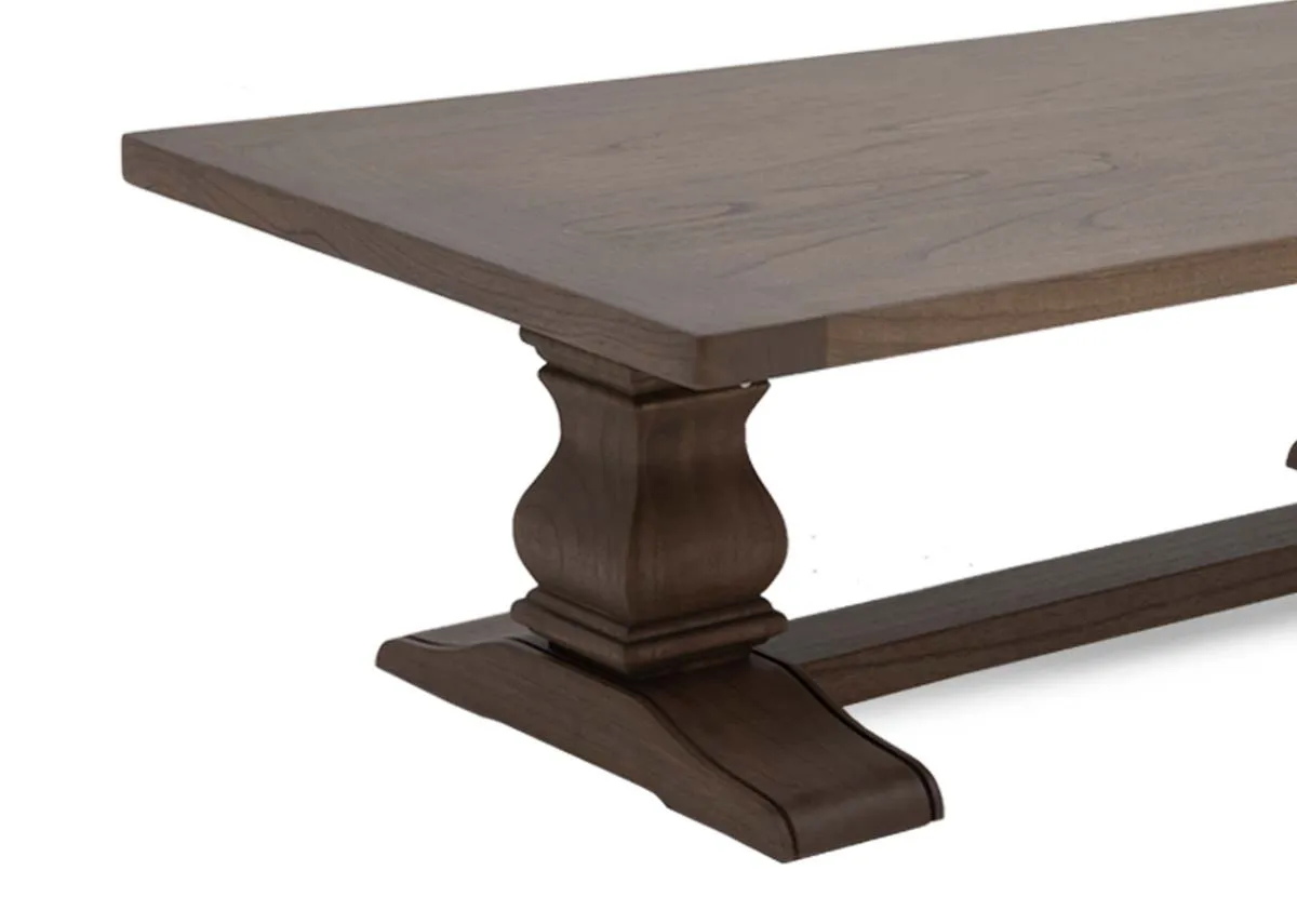 A grey wood coffee table with thick table top from EZ Livings Gold Coast range. Closeup of pedestal feet.